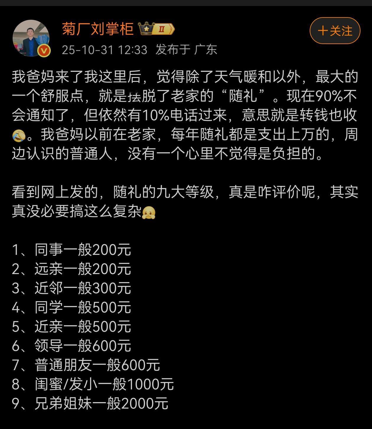 深有体会，农村或小县城各种稀奇古怪的随礼名目繁多，大家都不堪重负，虽然都有怨言，