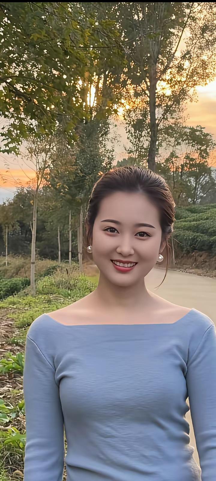 落日浅蓝调｜邂逅秋日晚风温柔🌇傍晚乡间小路，被落日染成暖金色。身着浅蓝上衣，