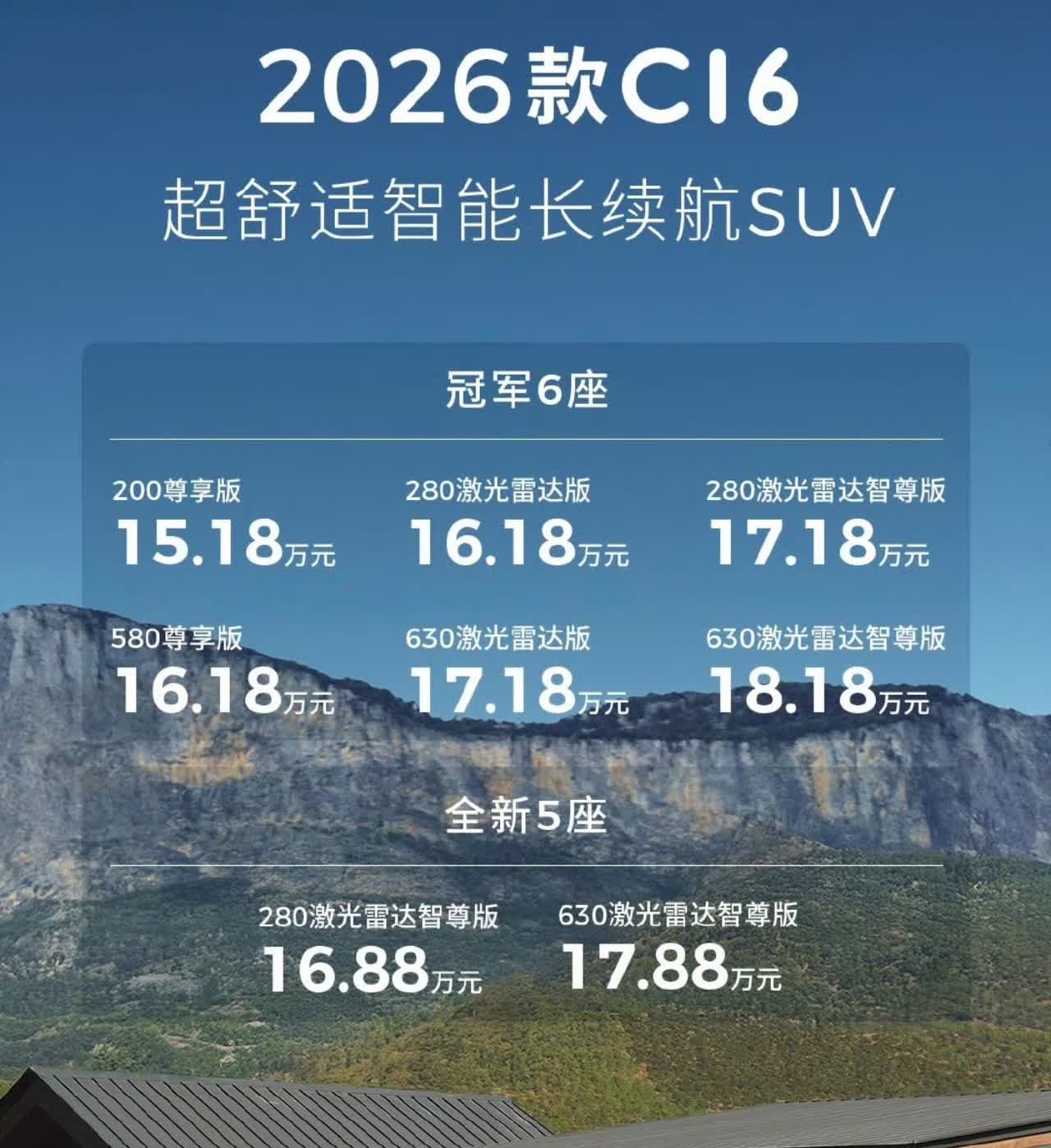 2026款零跑C16价格，五座版16.88-17.88万，六座版15.18-18
