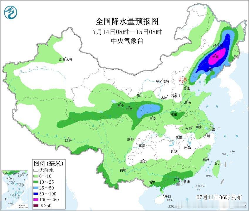 【强降雨】昨天到今晨，在副热带高压西侧和北侧，形成了上千公里的切变线降雨带。河北