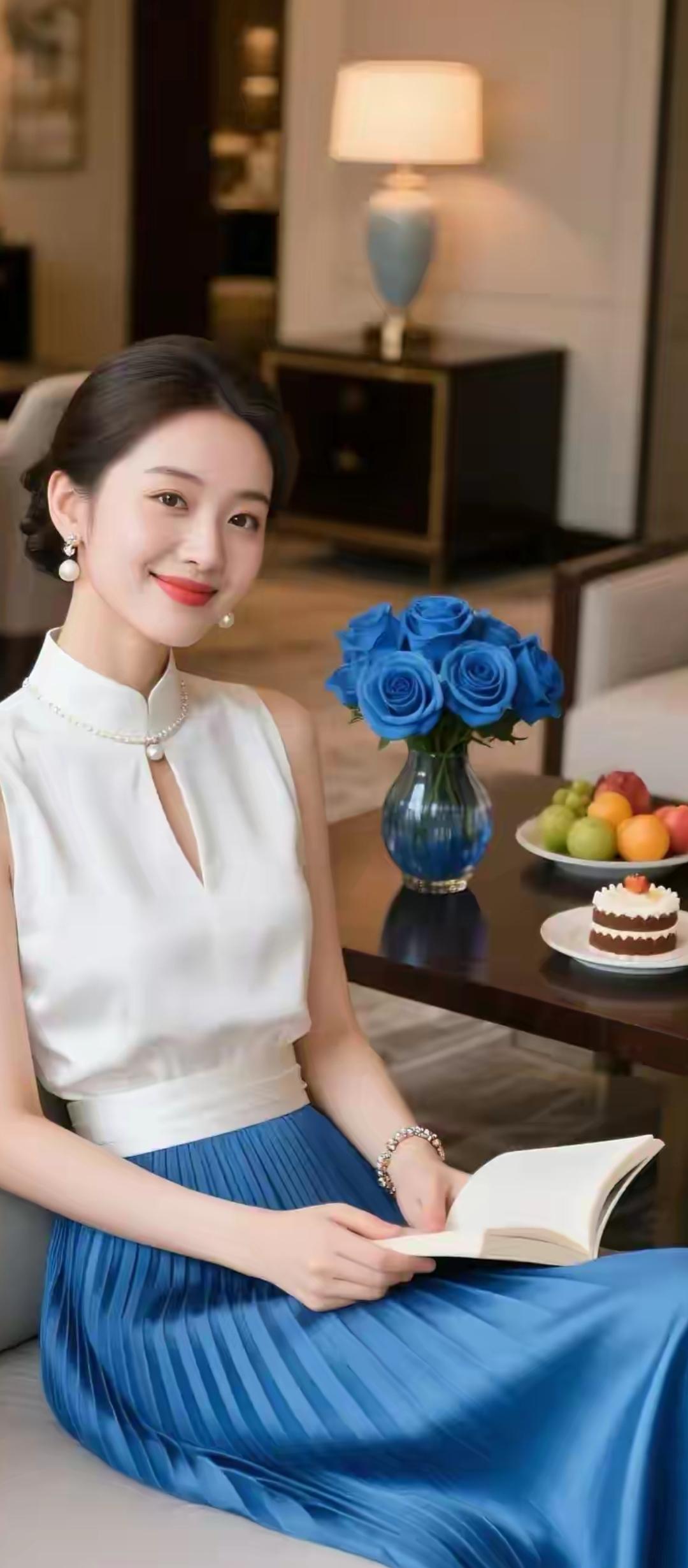 优雅阅读时光，蓝白相映的静谧之美。