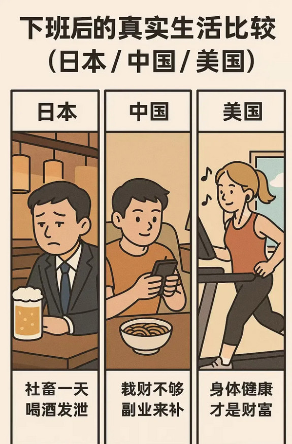 中日美三国下班后的状况，中国人过得最辛苦。