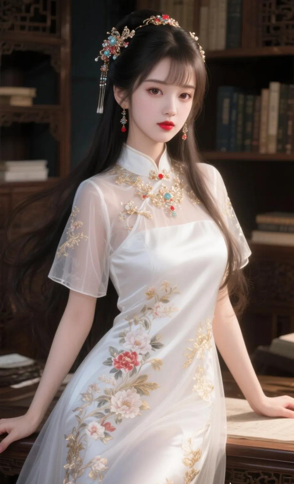 古典美人，红唇轻启，书香满溢，尽显东方韵味。