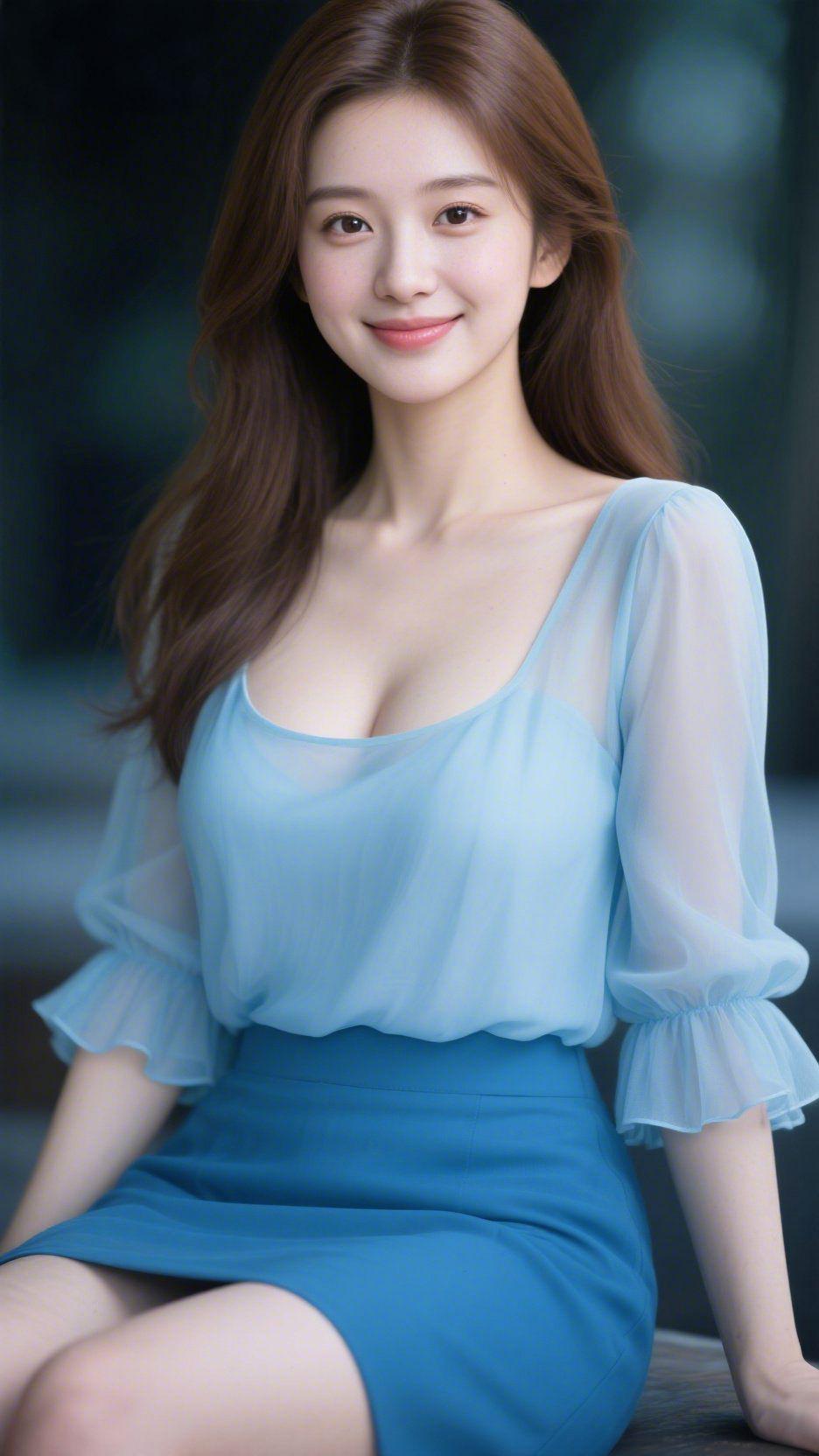 清蓝漾出夏意柔浅蓝的纱质上衣似揽入了一片晴空，薄纱袖摆缀着细腻的褶皱，与深