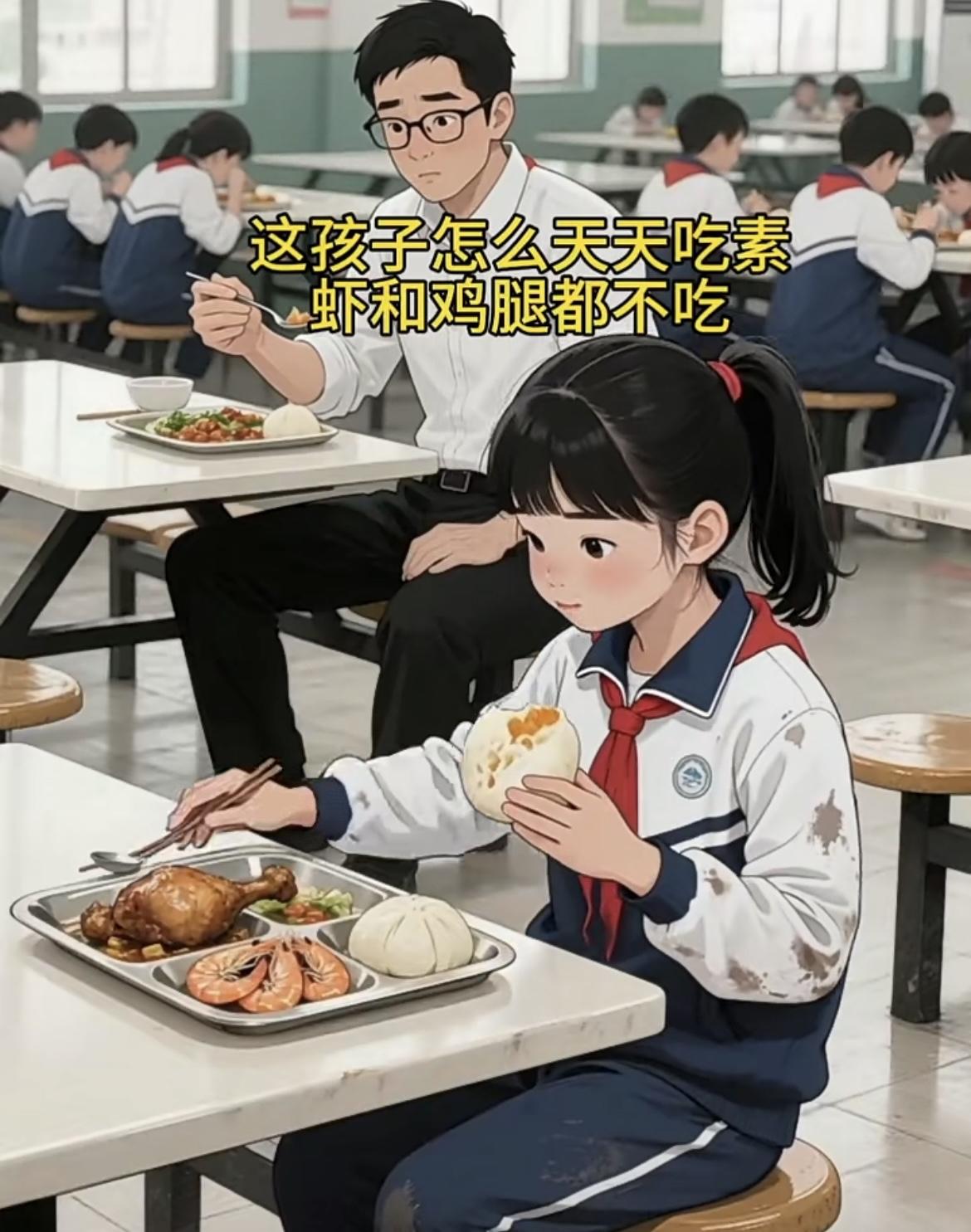 “懂事的女孩每天在学校食堂只吃素，将鸡腿和虾都留下来，原来都留给了妈妈....