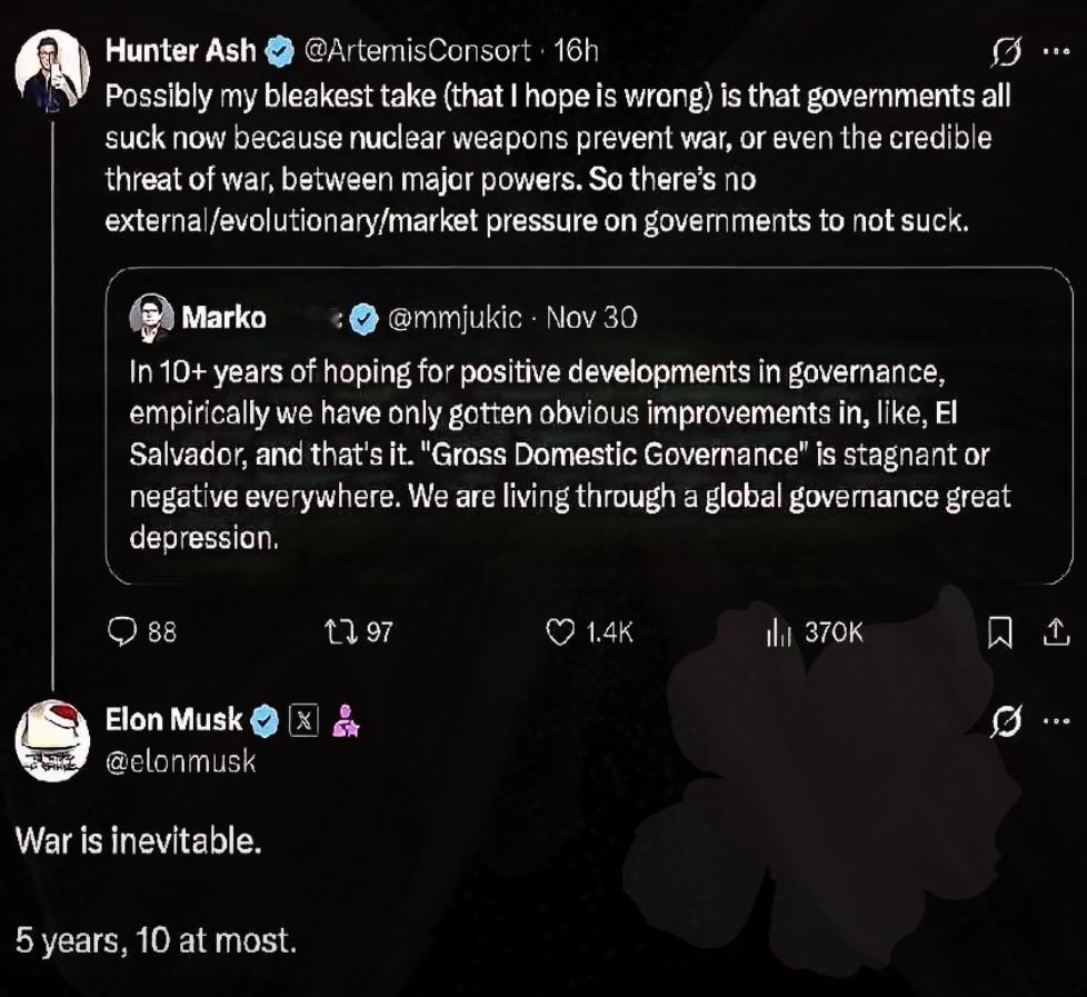 马斯克凌晨3点不睡觉，直接给全世界泼了一盆凉水。他在网上断言：战争无法避免，