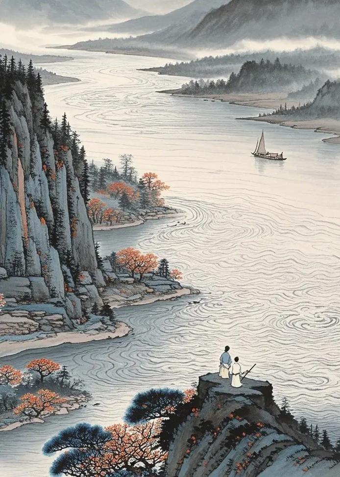 上联：闲听古寺钟声远下联：静看新港帆影近