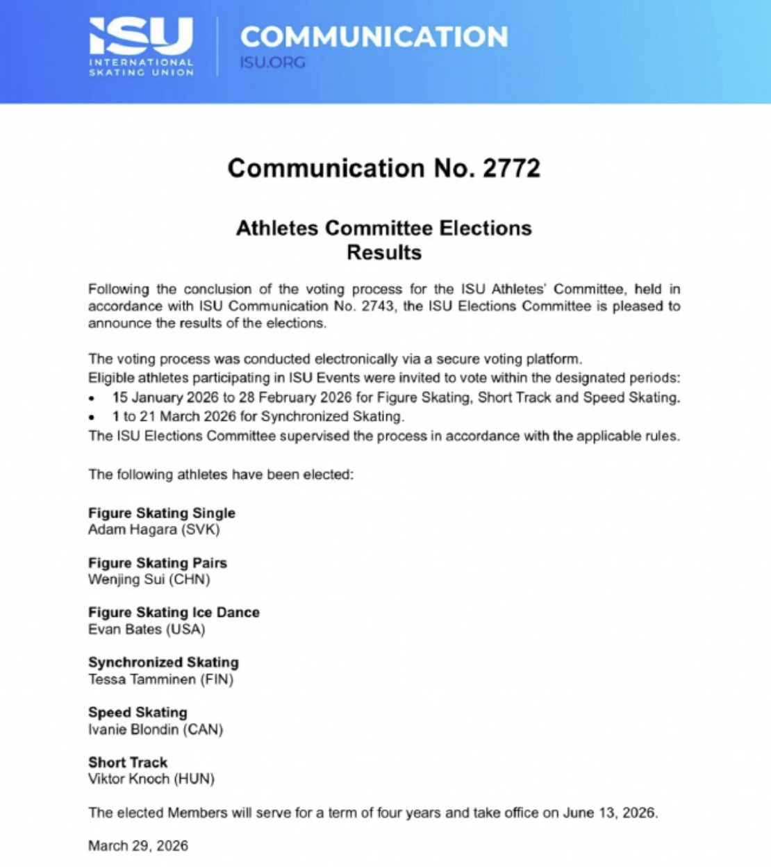 #隋文静上任国际滑联#日前，国际滑冰联盟正式公布运动员委员会委员竞选结果，中国