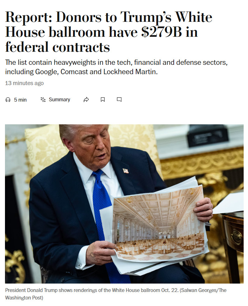 一文读懂美国。《华盛顿邮报》：为阿川建白宫舞厅出钱的捐赠者，一共拿到了2790亿