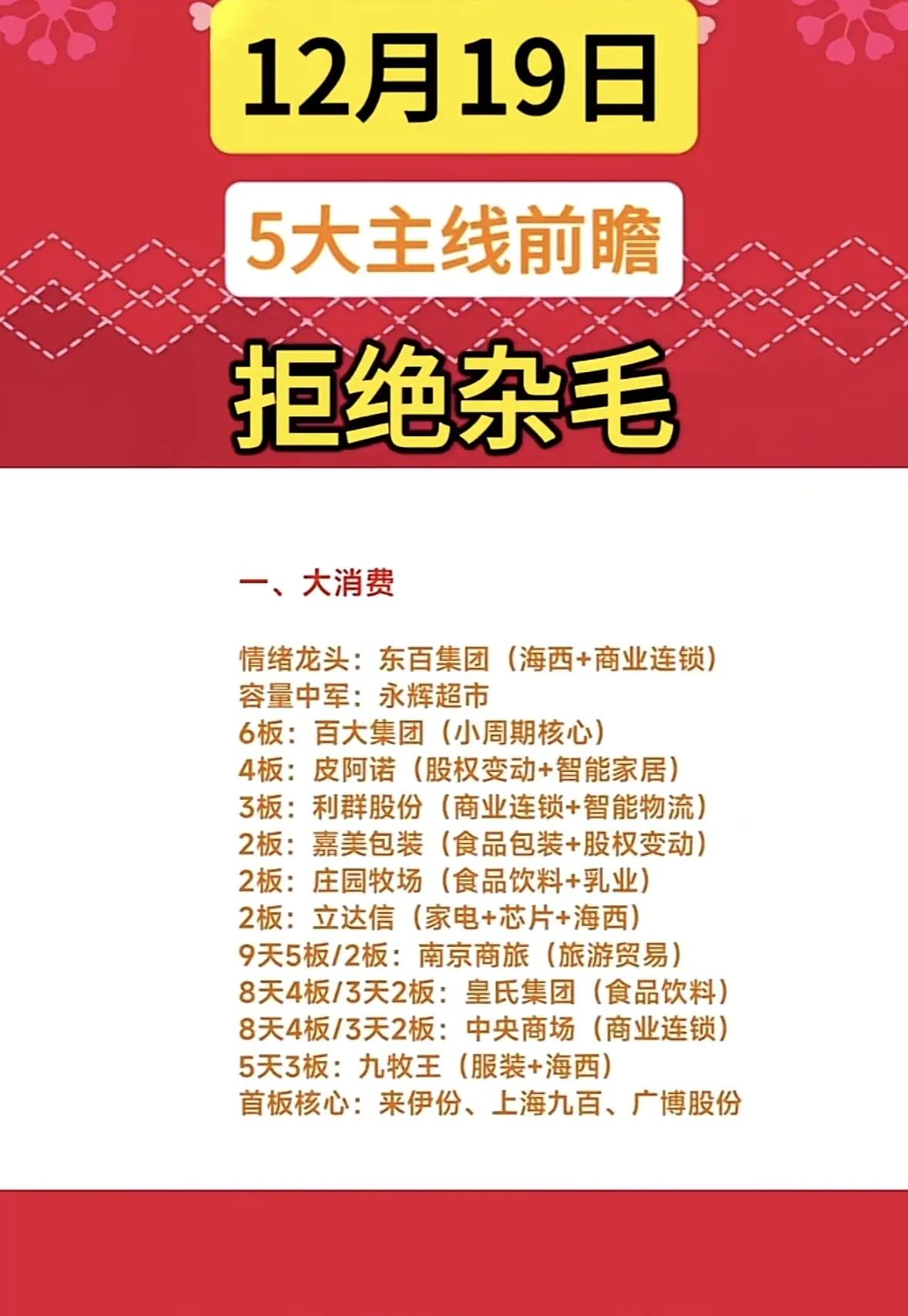 “5大主线前瞻”，梳理了六大板块的重点股票信息：一、大消费板块：情绪龙头为东