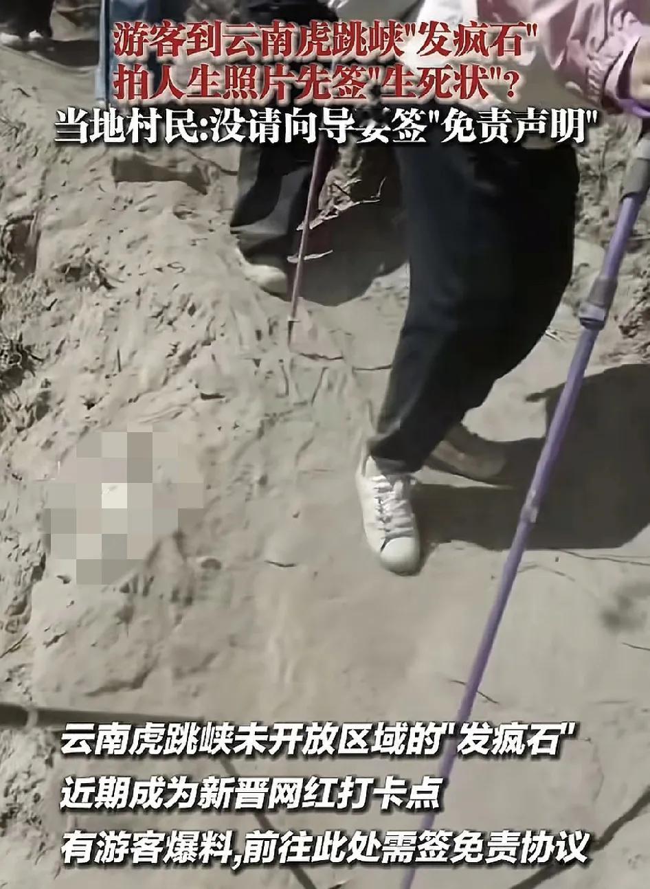 近日，云南虎跳峡景点的发疯石为未发区域成了许多户外旅行者的网红打卡点。带区域是村
