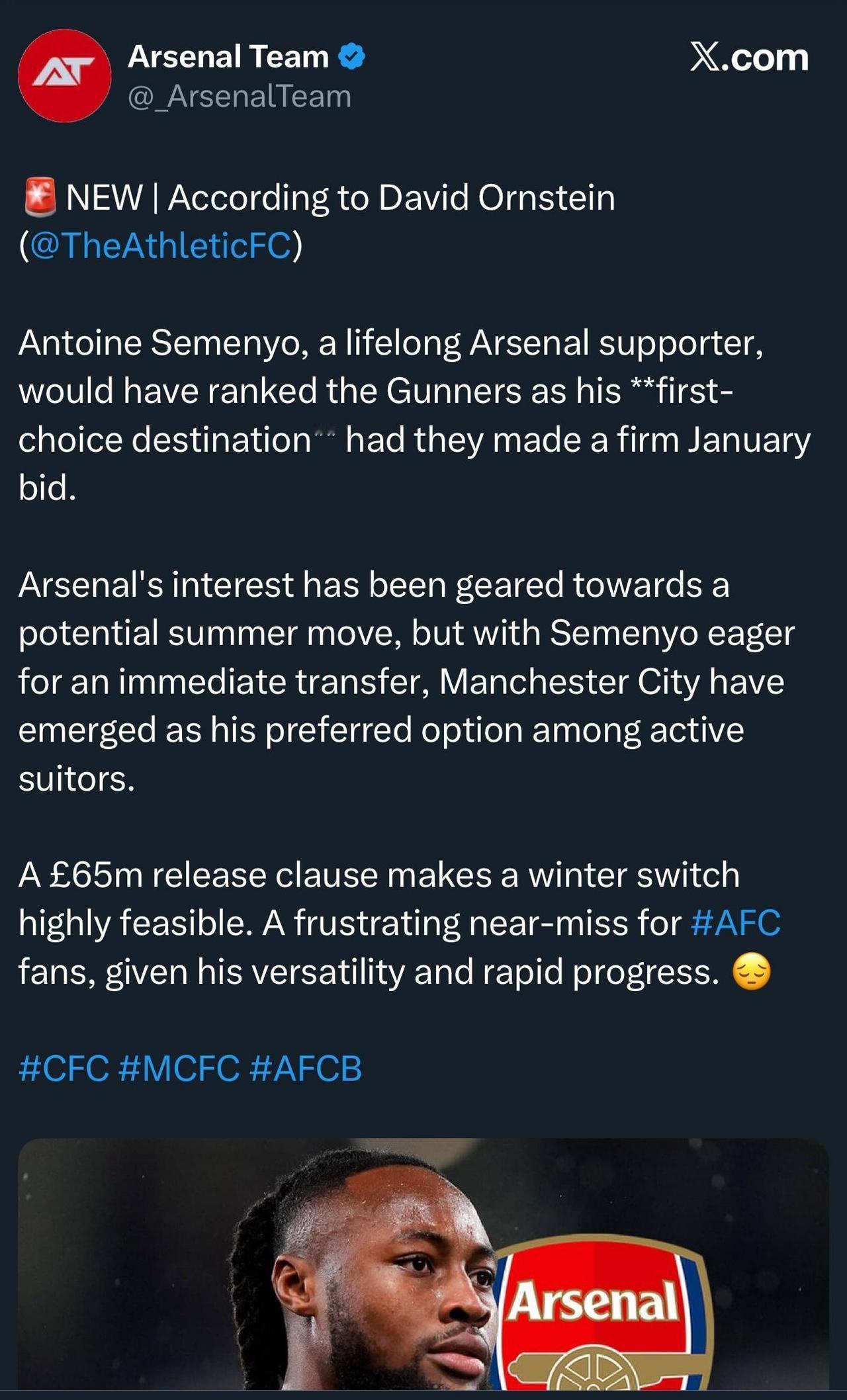 外媒说赛门约是阿森纳球迷，只要报价他就过来！赛门约是00后，他拒绝曼联，拒绝