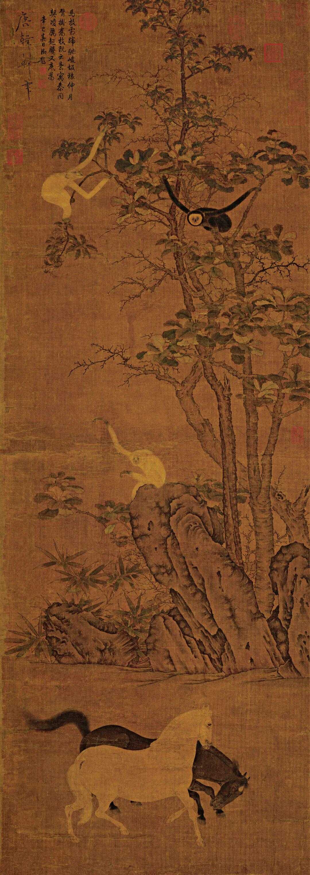 南宋佚名《猿马图》。猿，谐音“侯”，侯爵的侯。猿与马同框，就是传统吉祥图案马
