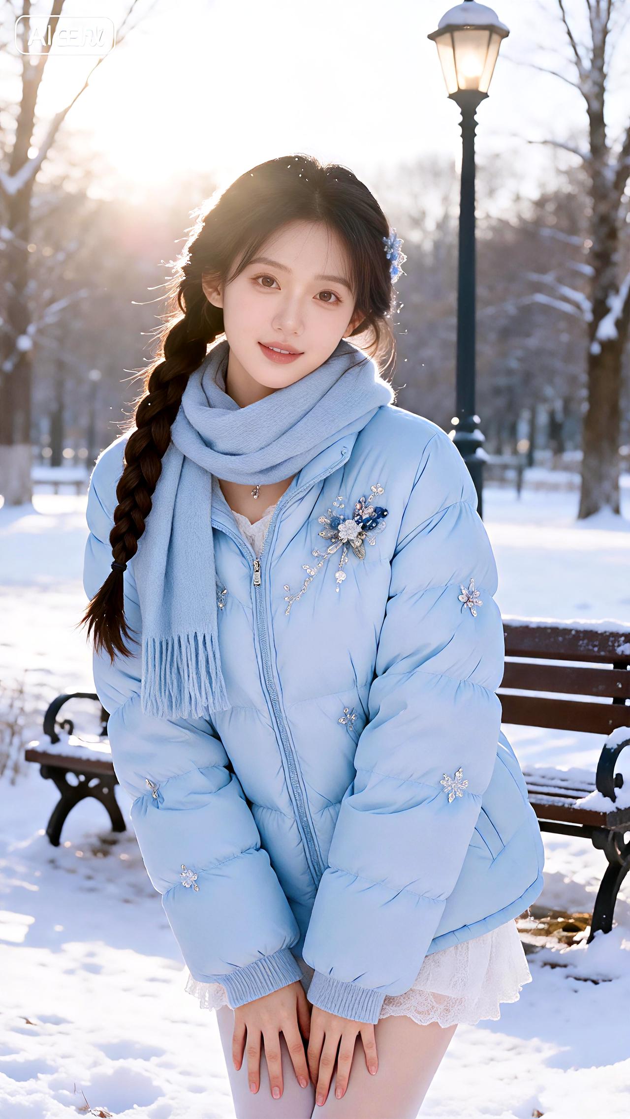 初雪灯下呵暖雾，蓝衣浅笑胜冬阳。豆包壁纸写真