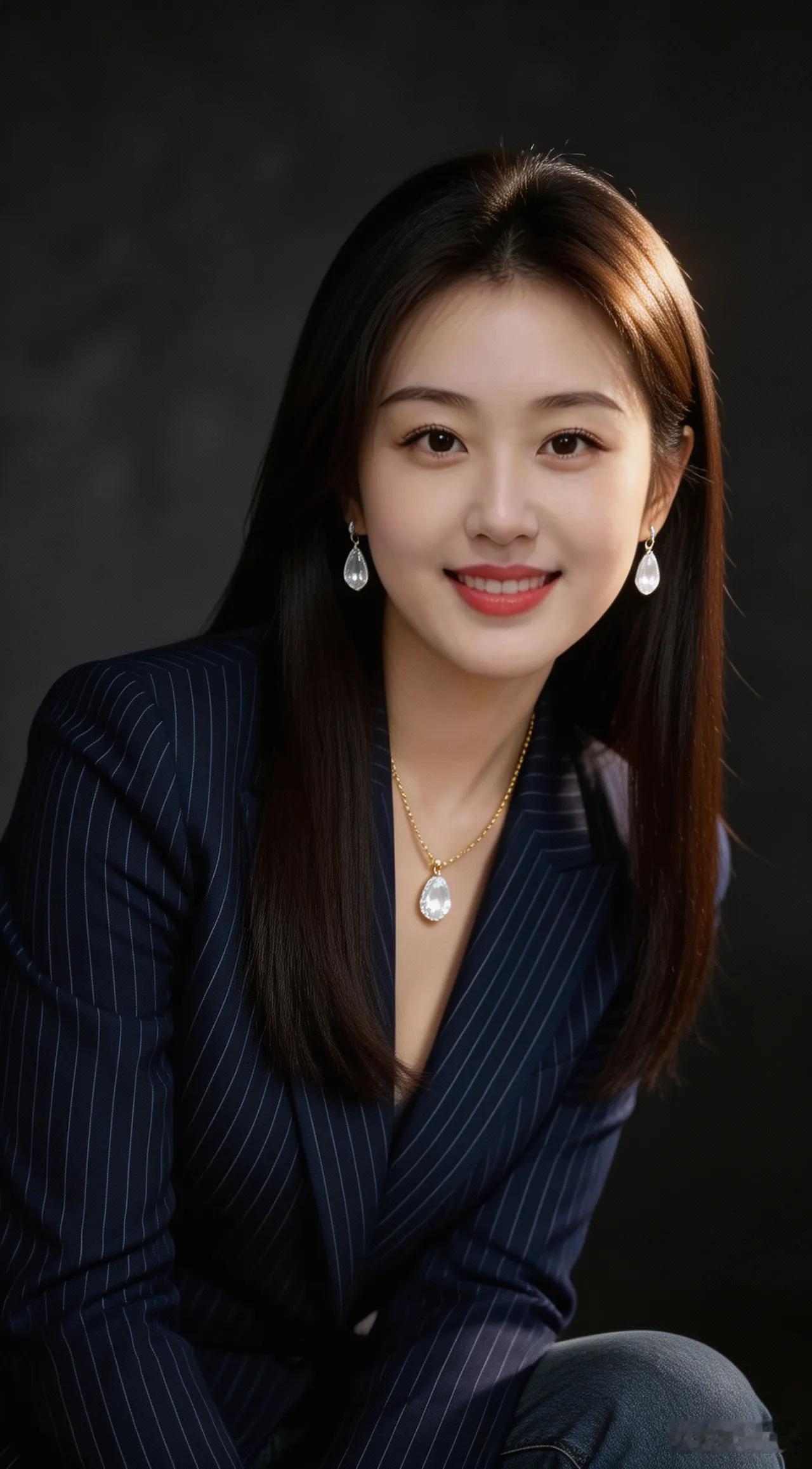 优雅职场风，自信微笑，闪耀的珍珠耳环和项链，完美搭配！