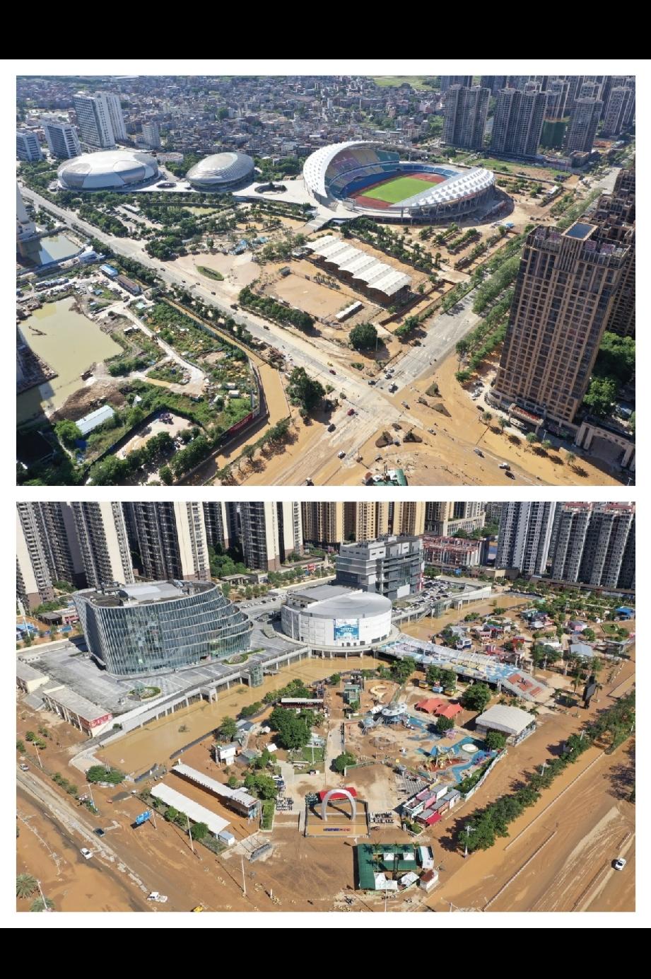清淤中的贵港新城区，市区河道因城市建设，部分成暗渠，狭窄又曲折，不利于行洪。山洪