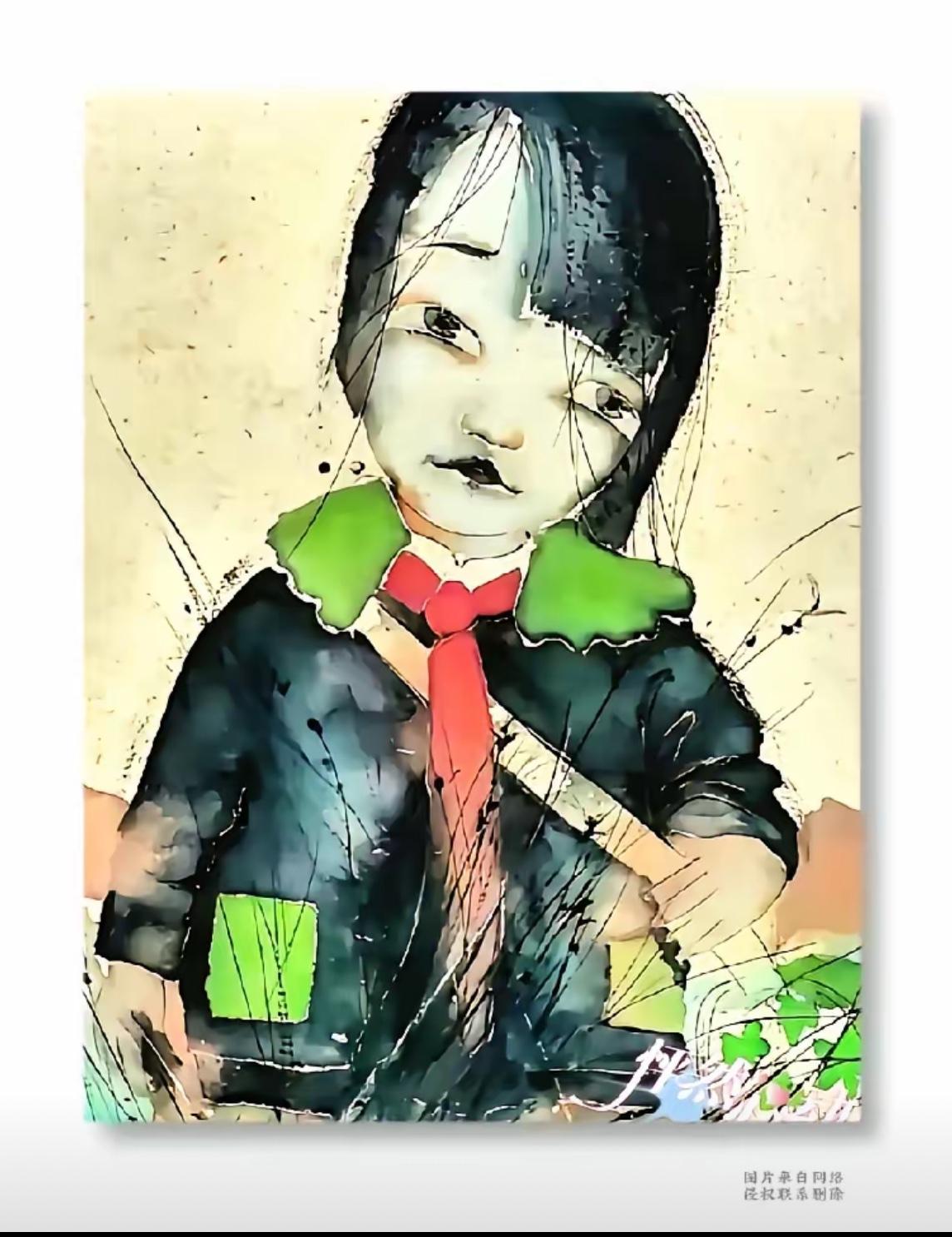 放在十年前，谁敢想这是央美教授的手笔！央美教授刘庆和画了个戴红领巾的小姑娘，标题