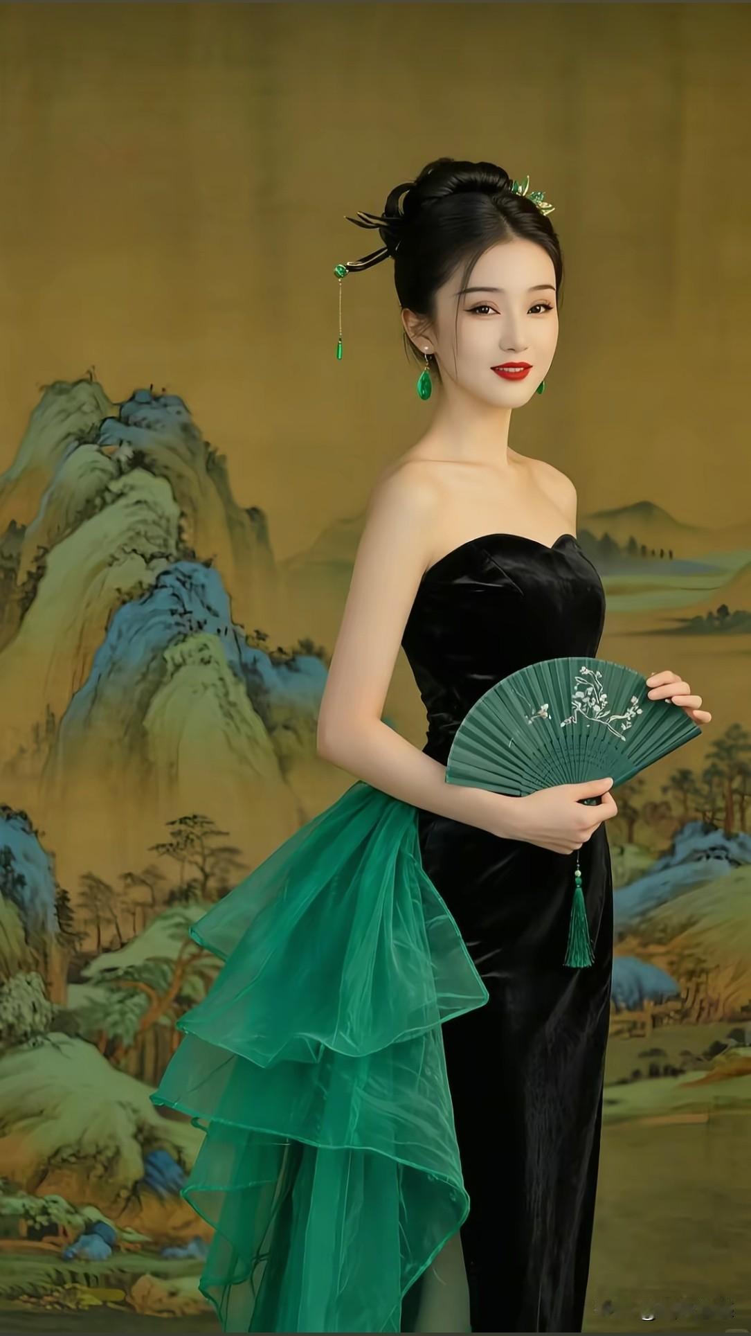 古典美人与山水画背景的完美融合，一抹绿裙，尽显优雅与古典之美。