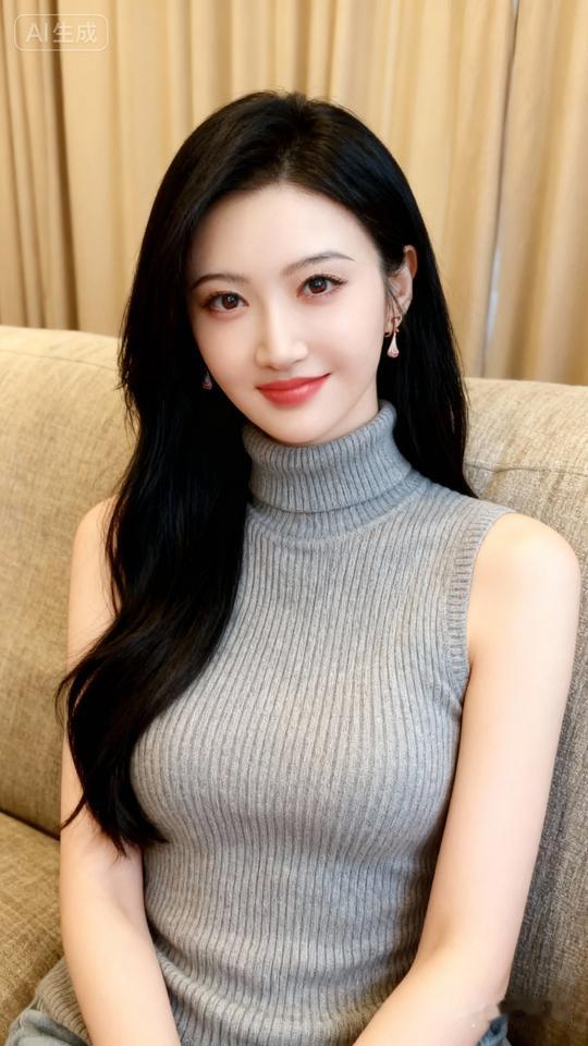温柔甜美的微笑，灰色高领毛衣，简约优雅，尽显时尚魅力。