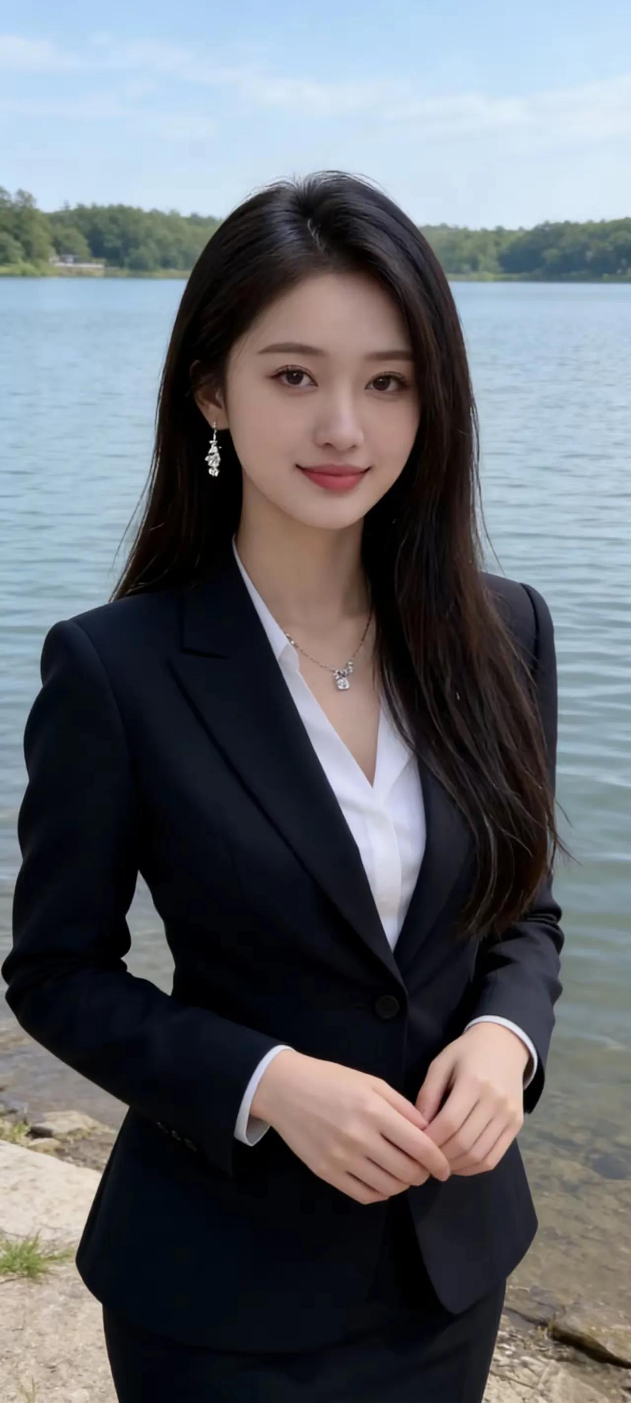 这位职场美女，穿着黑色西服套装搭配白色衬衫。站在湖边好帅气！