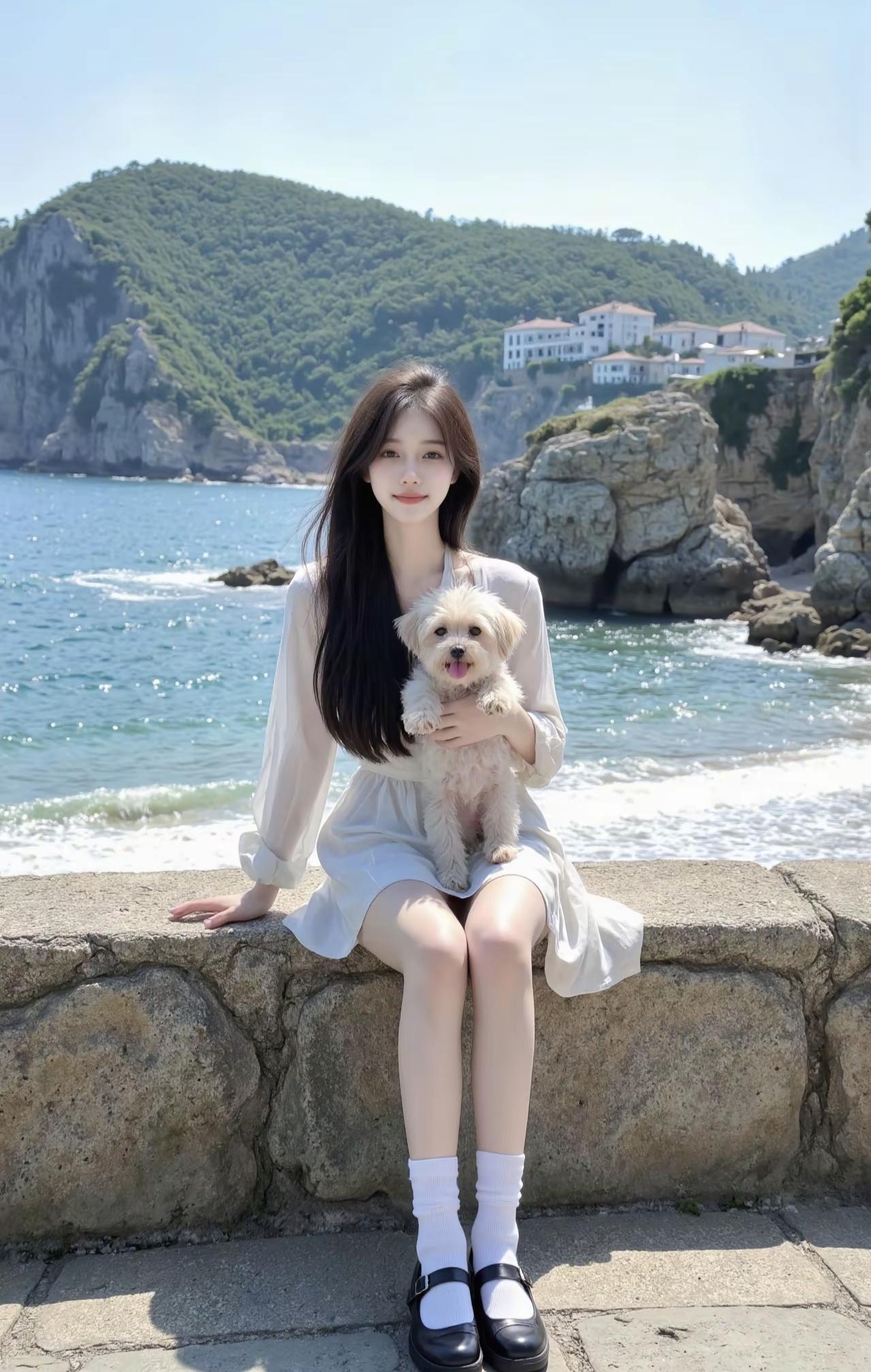 海风裹着咸湿的气息漫过来，白裙和小狗的绒毛都沾了点夏天的懒。浪拍礁石时，连时间都