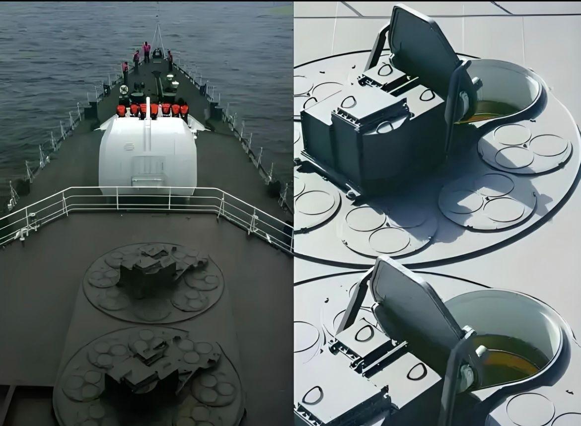 中国海军051C型驱逐舰俄制“里夫—M”垂发单元和防空导弹的特写。051C型驱