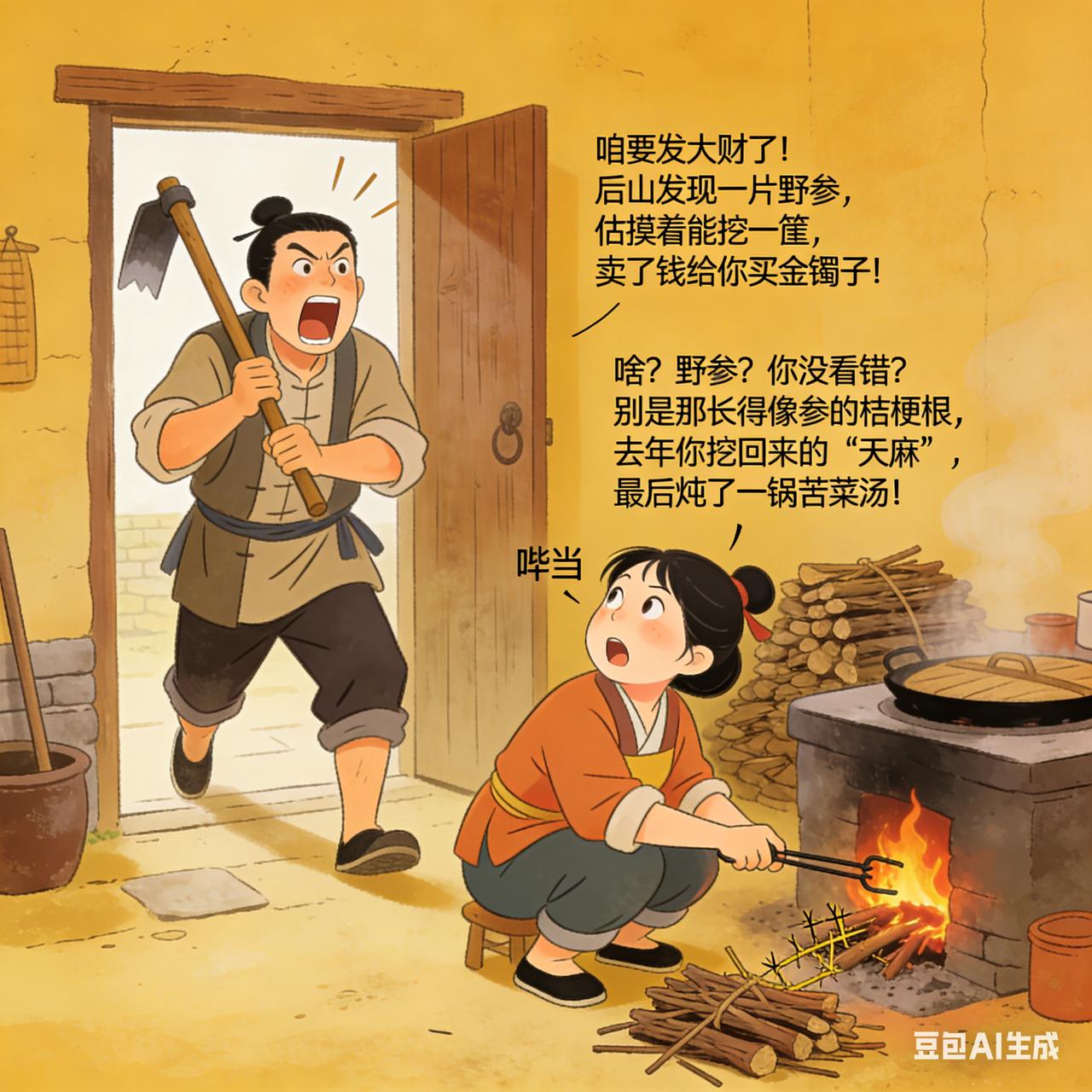 古代夫妻搞笑段子丈夫扛着锄头从地里回来，进门就喊：“咱要发大财了！后山发现一