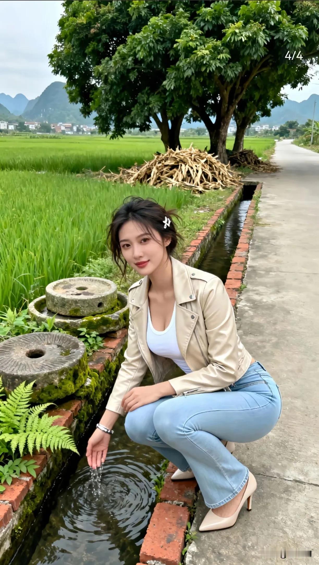 《田畴清趣》晴郊绿亩漾风漪，古磨苍苔映碧池。浅褐裁衣凝素影，轻蓝曳裾漾清