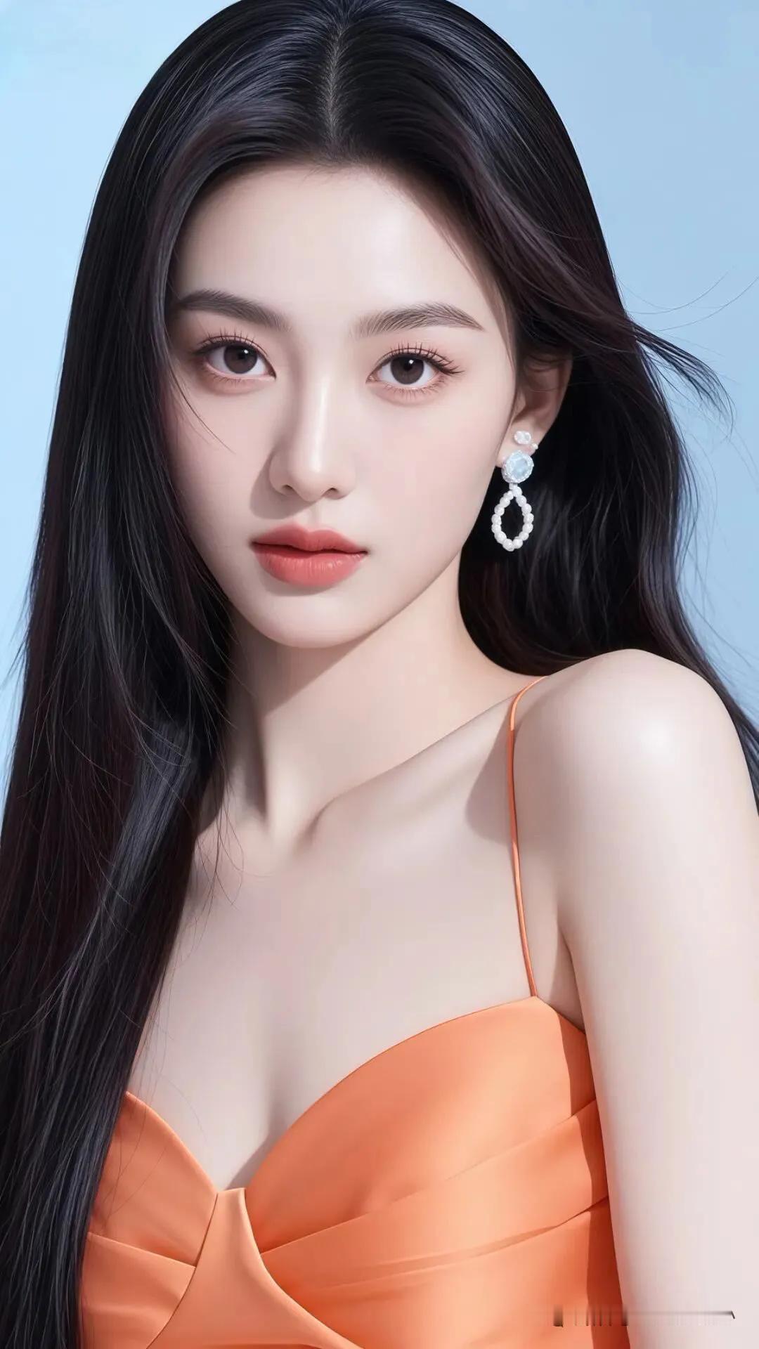 优雅女神范儿，橙色礼服搭配珍珠耳环，尽显高贵气质！