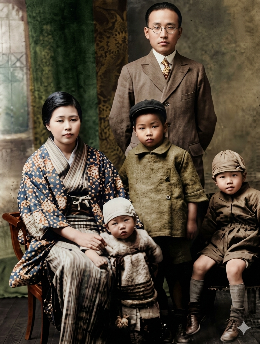 这张照片是郭沫若与他的日本妻子佐藤富子及部分子女在日本的合影，拍摄于他流亡日本期