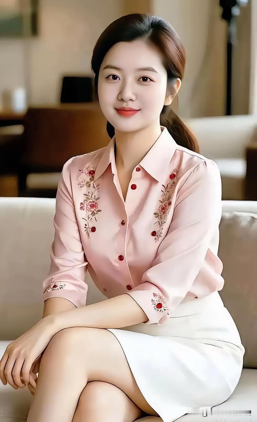 粉色绣花衬衫配白色半裙，温婉端坐，眉眼含笑，柔美气质在简约中静静流淌，优雅从容。