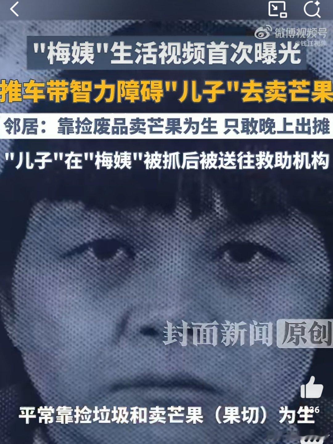 梅姨落网后儿子分芒果遭邻居婉拒梅姨被抓后，与她同住的智障男子试图将卖剩的芒果分给