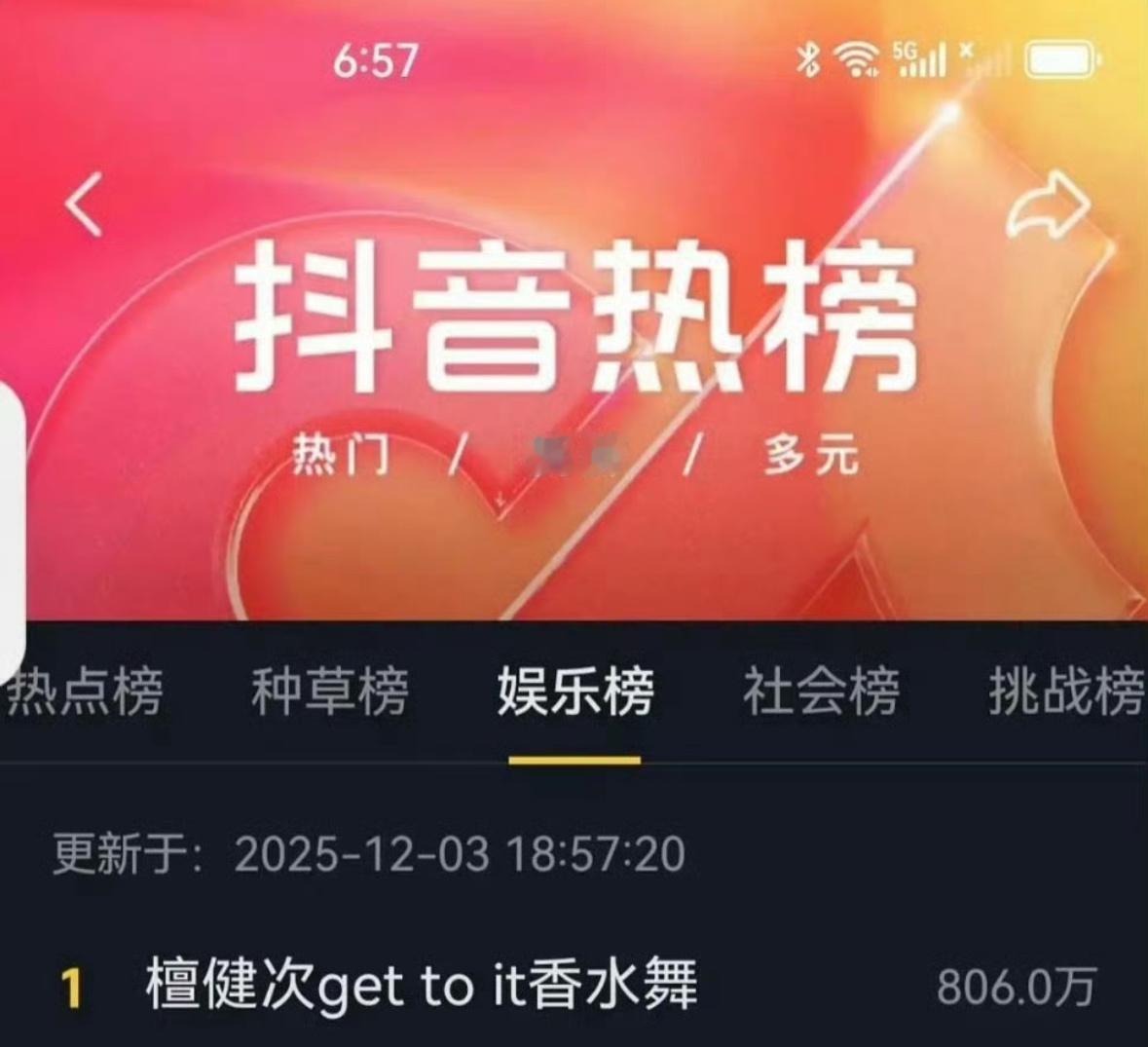 檀健次新歌登上抖娱乐榜挑战榜双榜top1☝🏻