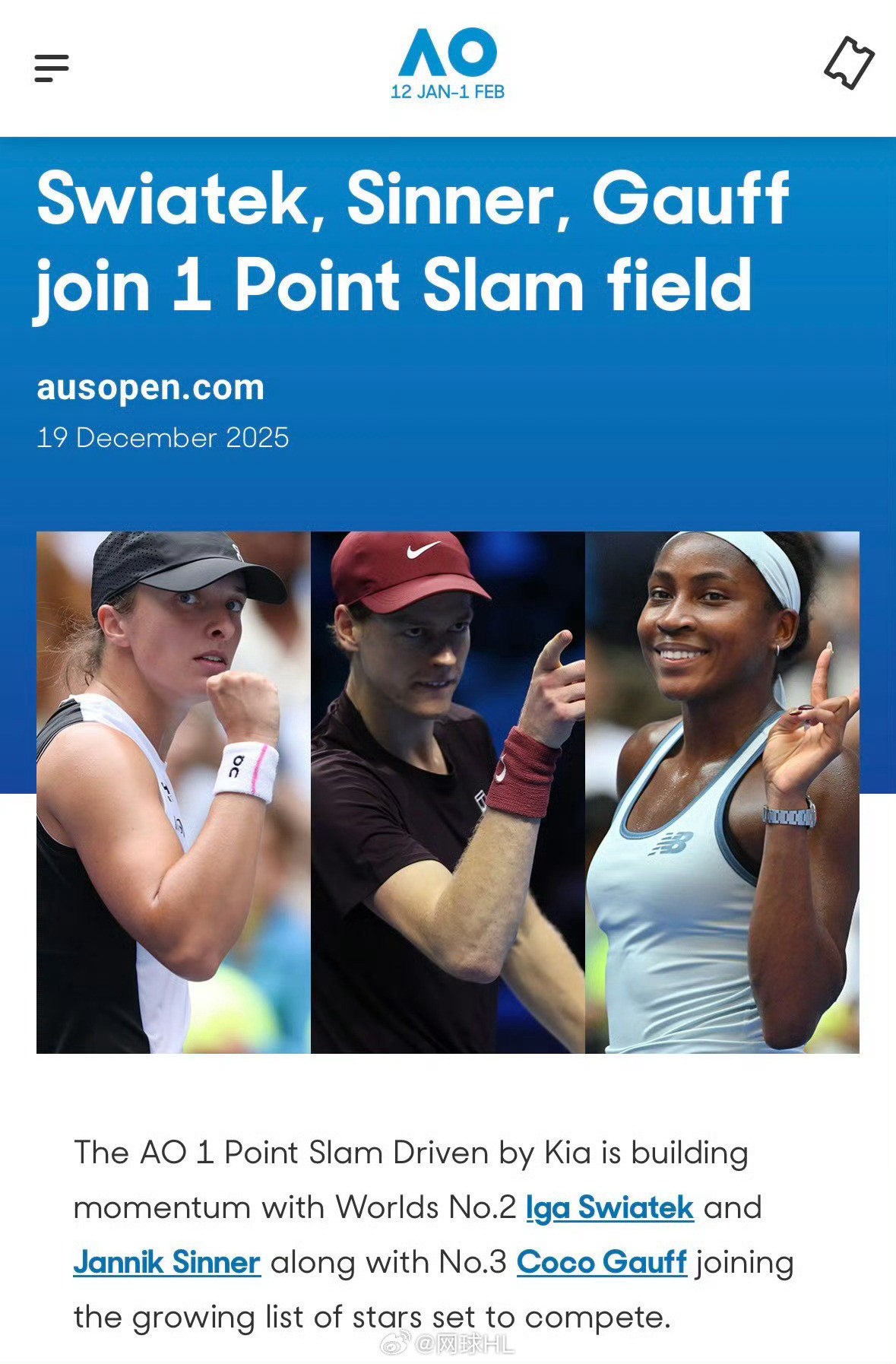 澳网组织的“一球制胜”，冠军奖金100万澳元(约合人民币466.2万）目前宣布参