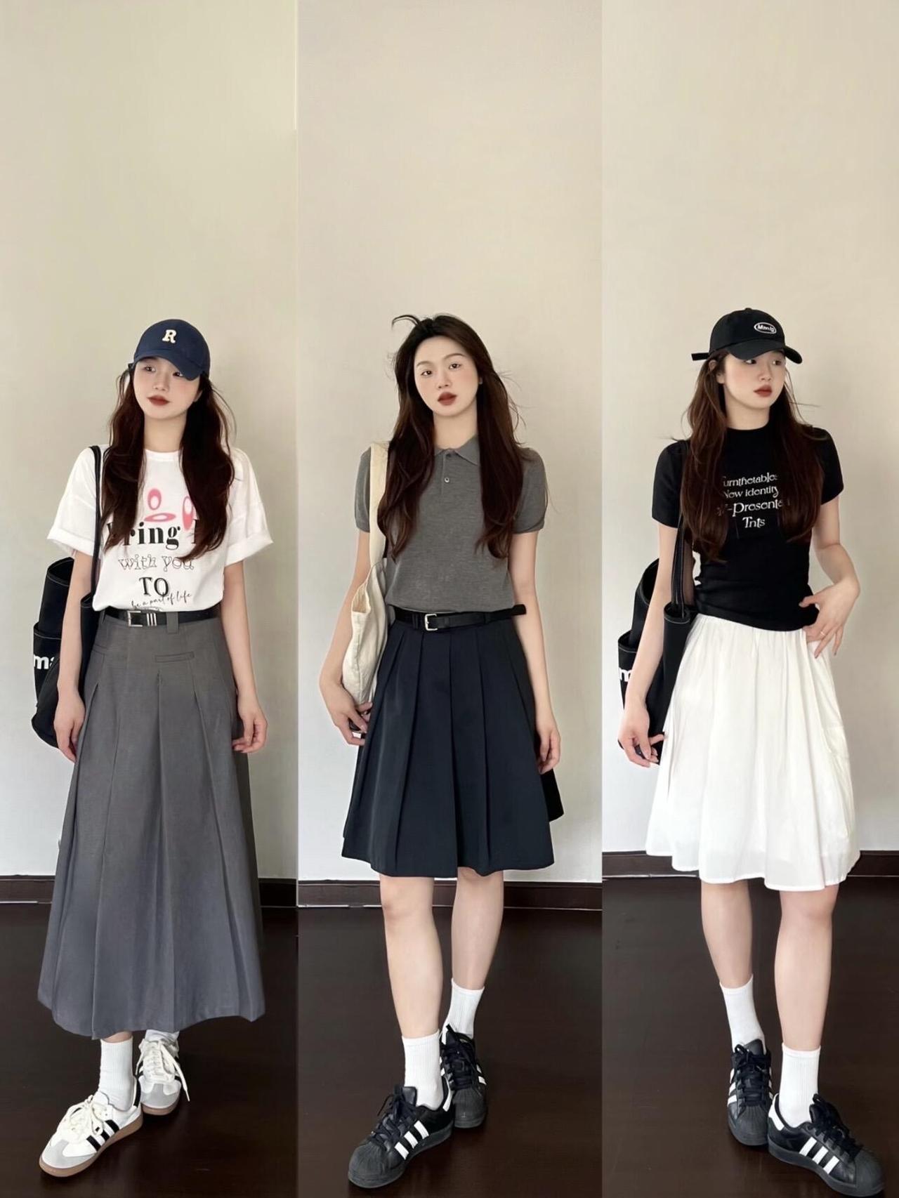 这样穿超韩呀！这位博主的每日穿搭真的太有参考性了，简约T恤搭配各式半裙，休闲裤