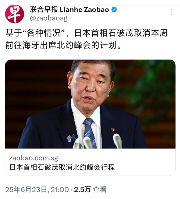 外媒今晚（6月23日晚）报道：“基于‘各种情况’，日本首相石破茂取消本周前往海牙