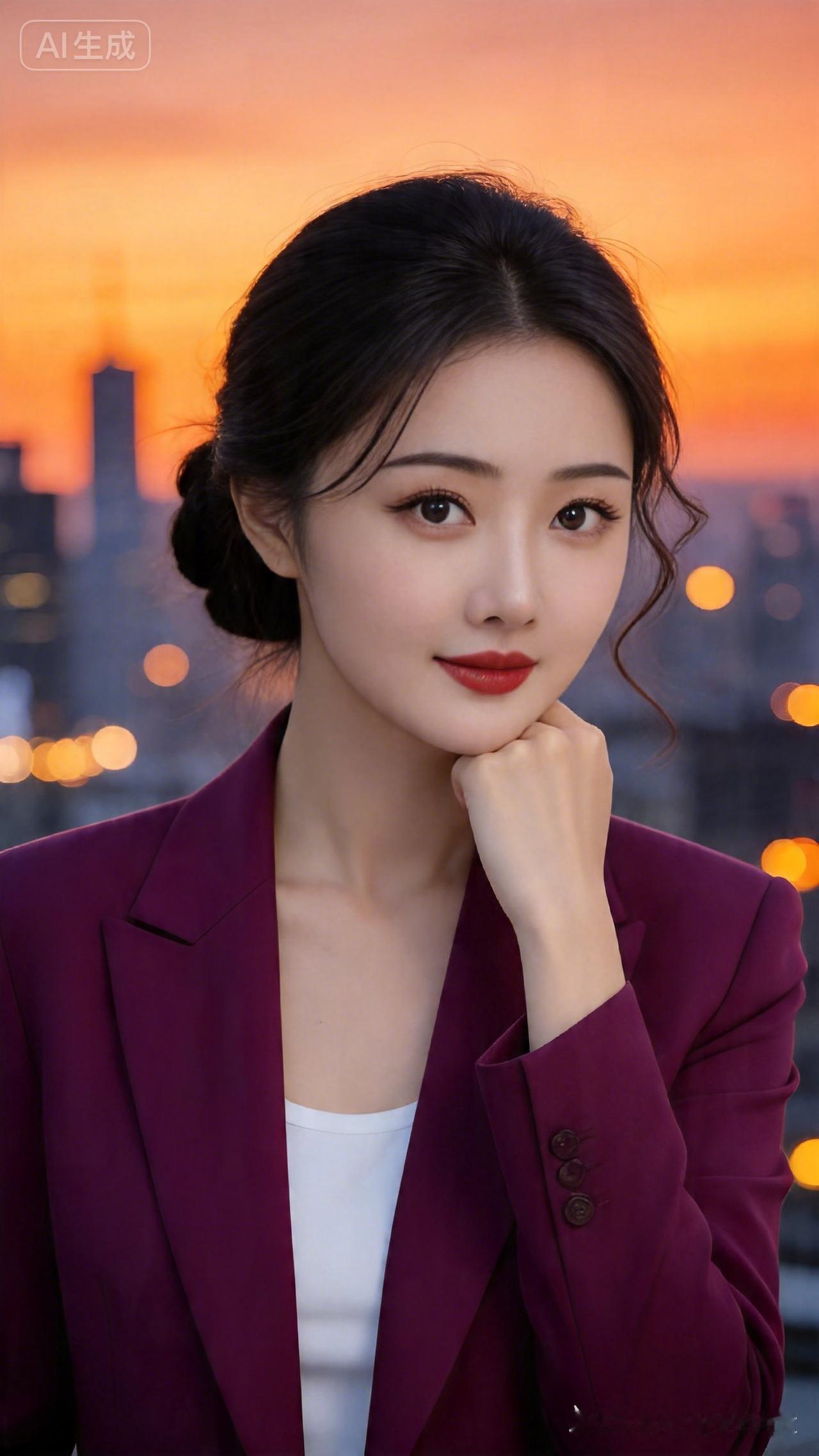 暮色佳人晚照流金染画楼，万家灯火漫温柔。青丝巧挽流云髻，碎发轻垂映眼眸。紫