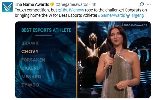 TGA年度颁奖典礼今早进行，GEN.G英雄联盟分部的Chovy选手荣获T
