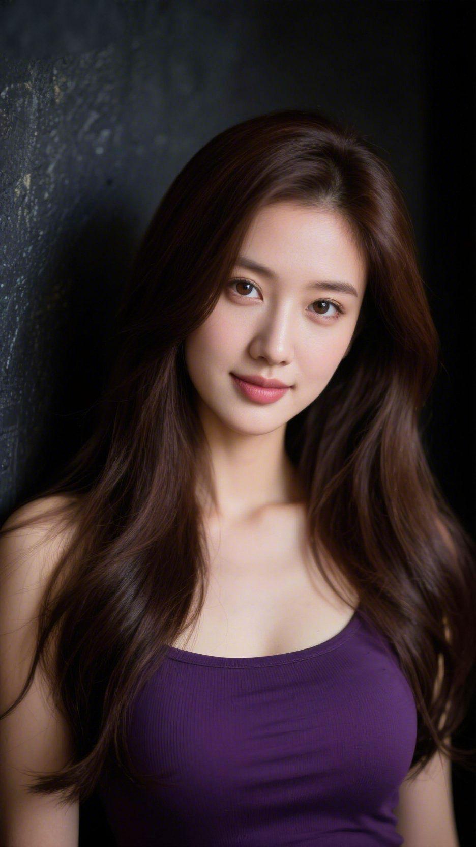 《紫柔轻颜裹静光》暗墙似浸墨的素纸，她是纸上晕开的紫——这袭无袖衣，像将暮