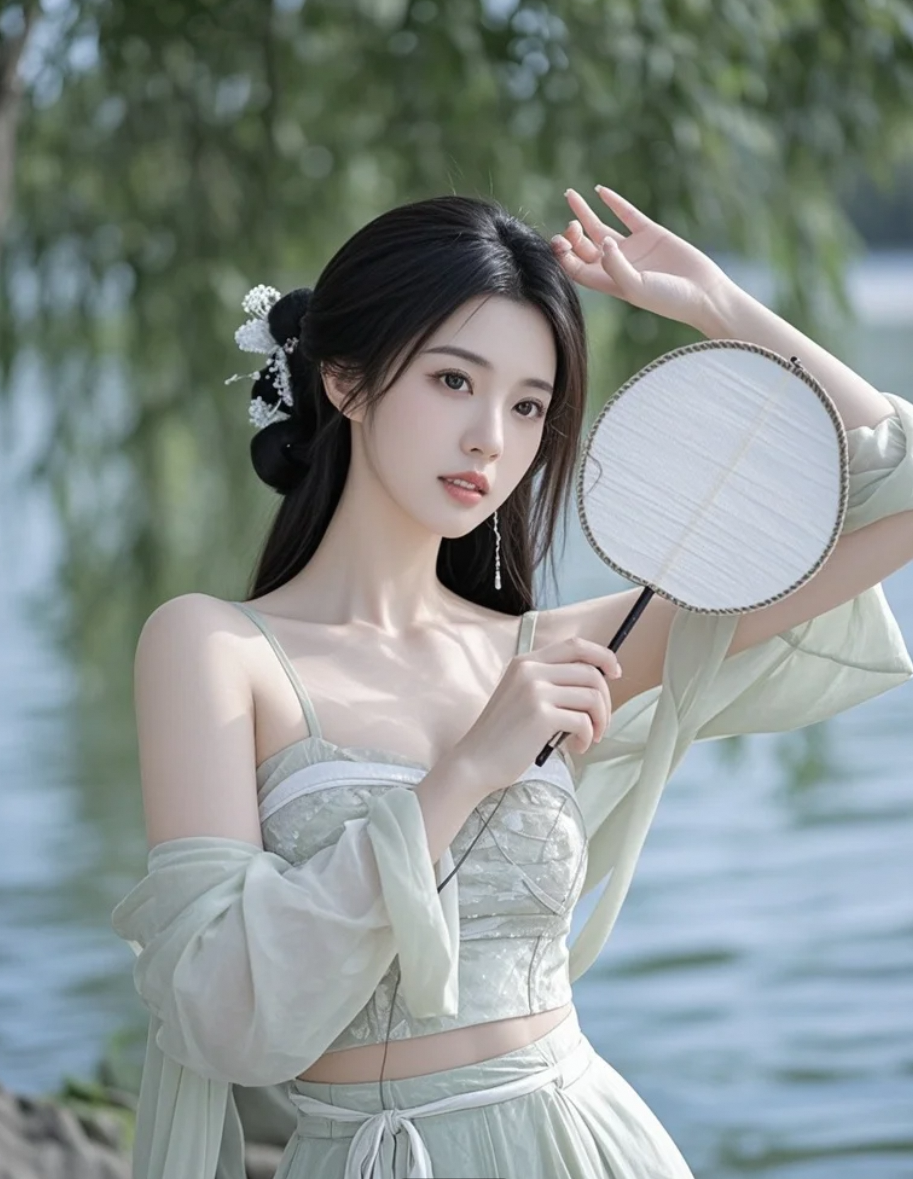 湖边执扇的她，像从诗里走出的女子