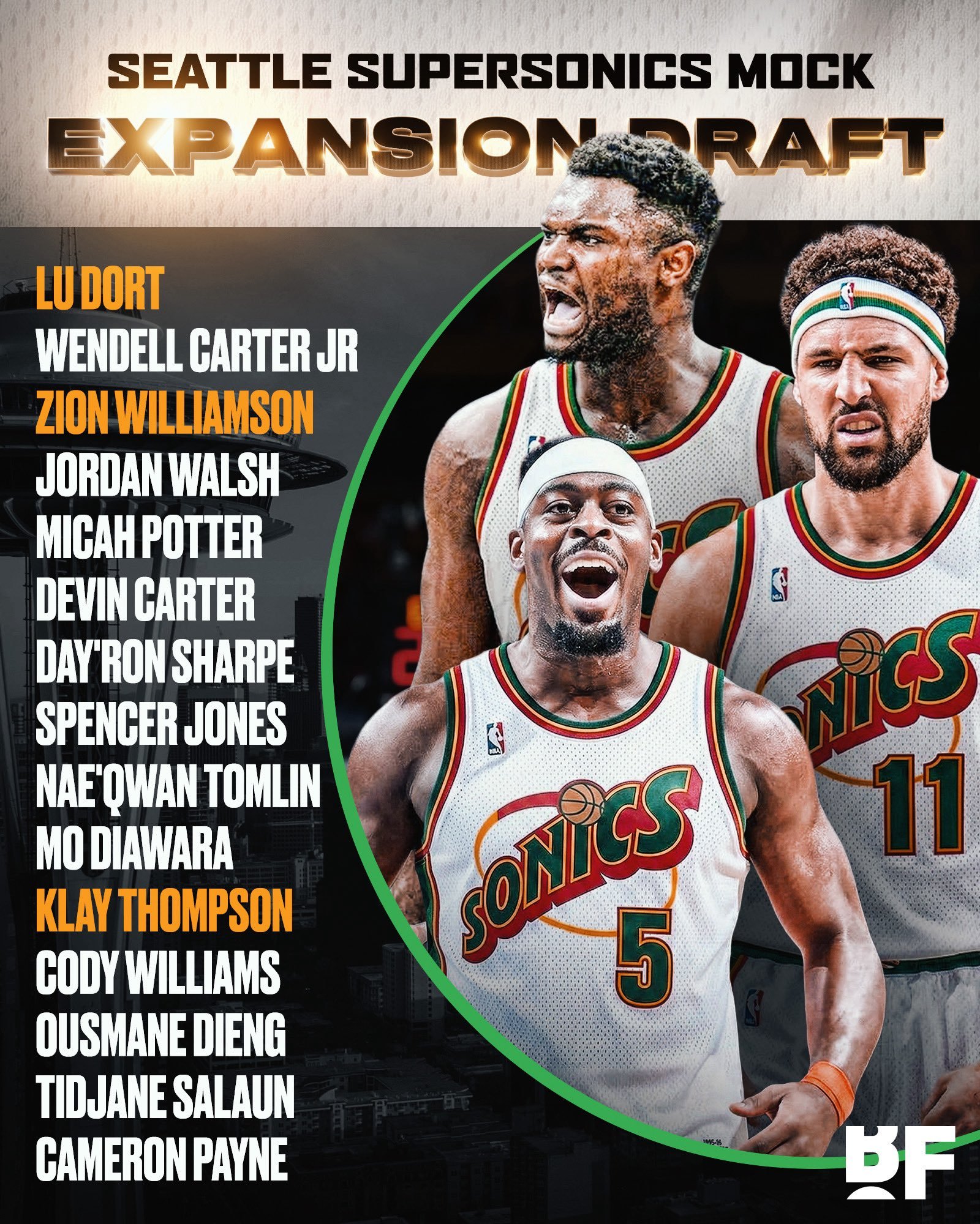 CBS体育为西雅图超音速队举办了一场模拟扩展选秀，蔡恩·威廉森、克莱·汤普森和吕