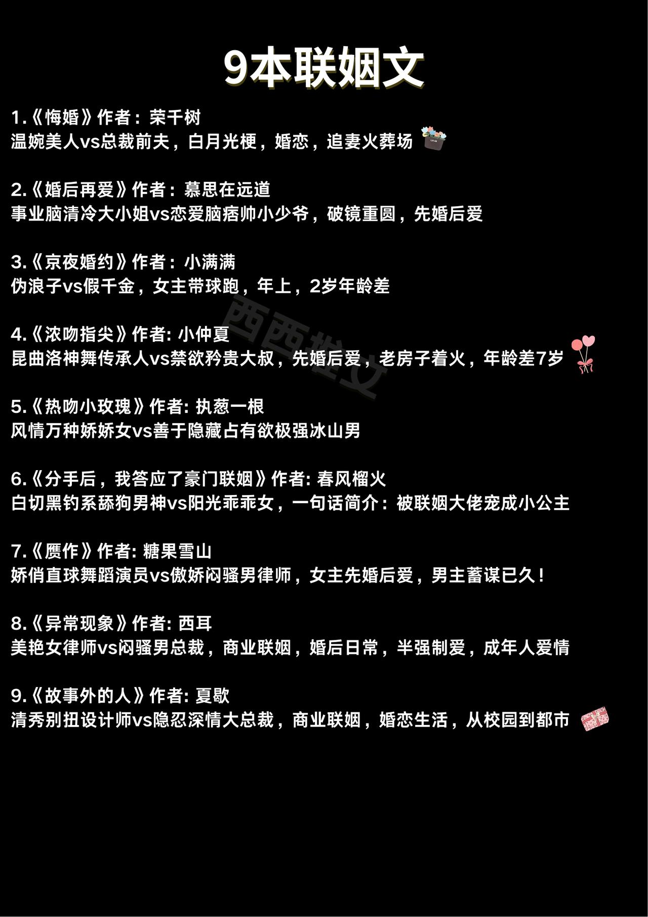 9本联姻文1.《悔婚》作者：荣千树温婉美人vs总裁前夫，白月光梗，婚恋，追妻