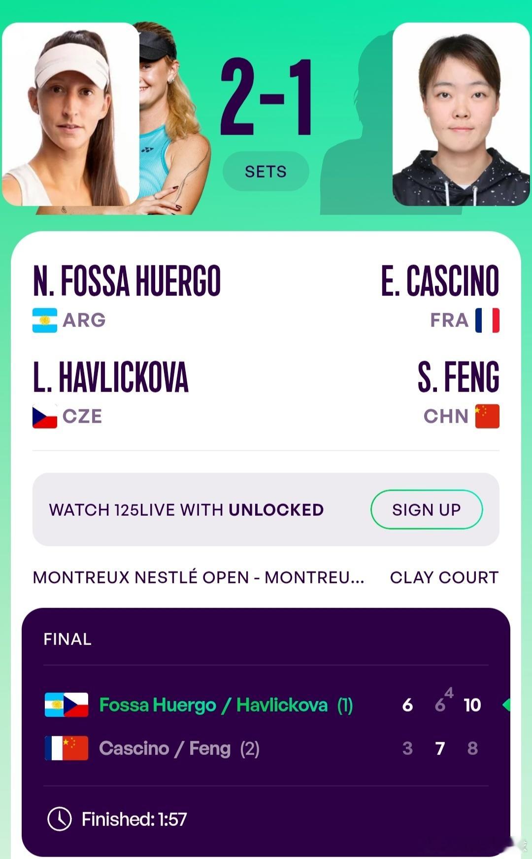WTA125蒙特勒站🇨🇭女双决赛丰硕🇨🇳/卡西诺🇫🇷3-6/7-6(