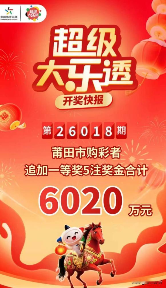 福建的5倍1204万大乐透追加头奖都出自莆田，总奖金高达6022万元，不仅是新规