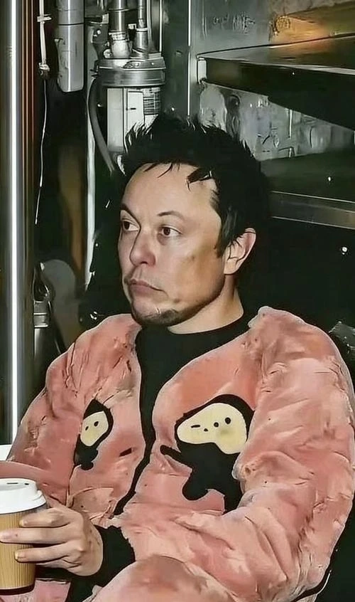 这是马斯克早期创业低谷期的场景。 他身着粉色连体睡衣，坐在类似车间的环...