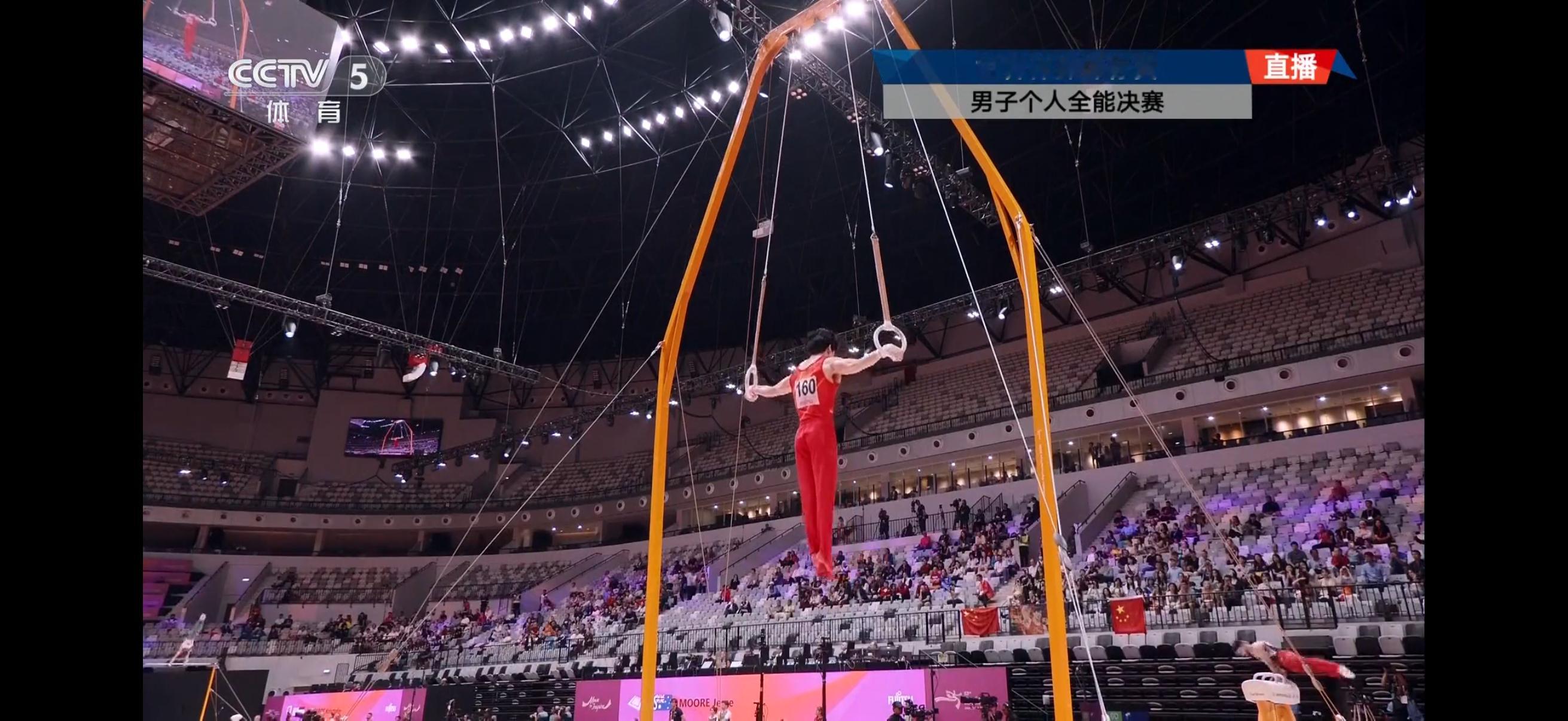 张博恒晋级世锦赛全能决赛张博恒吊环得到14.600分（5.500+9.000+