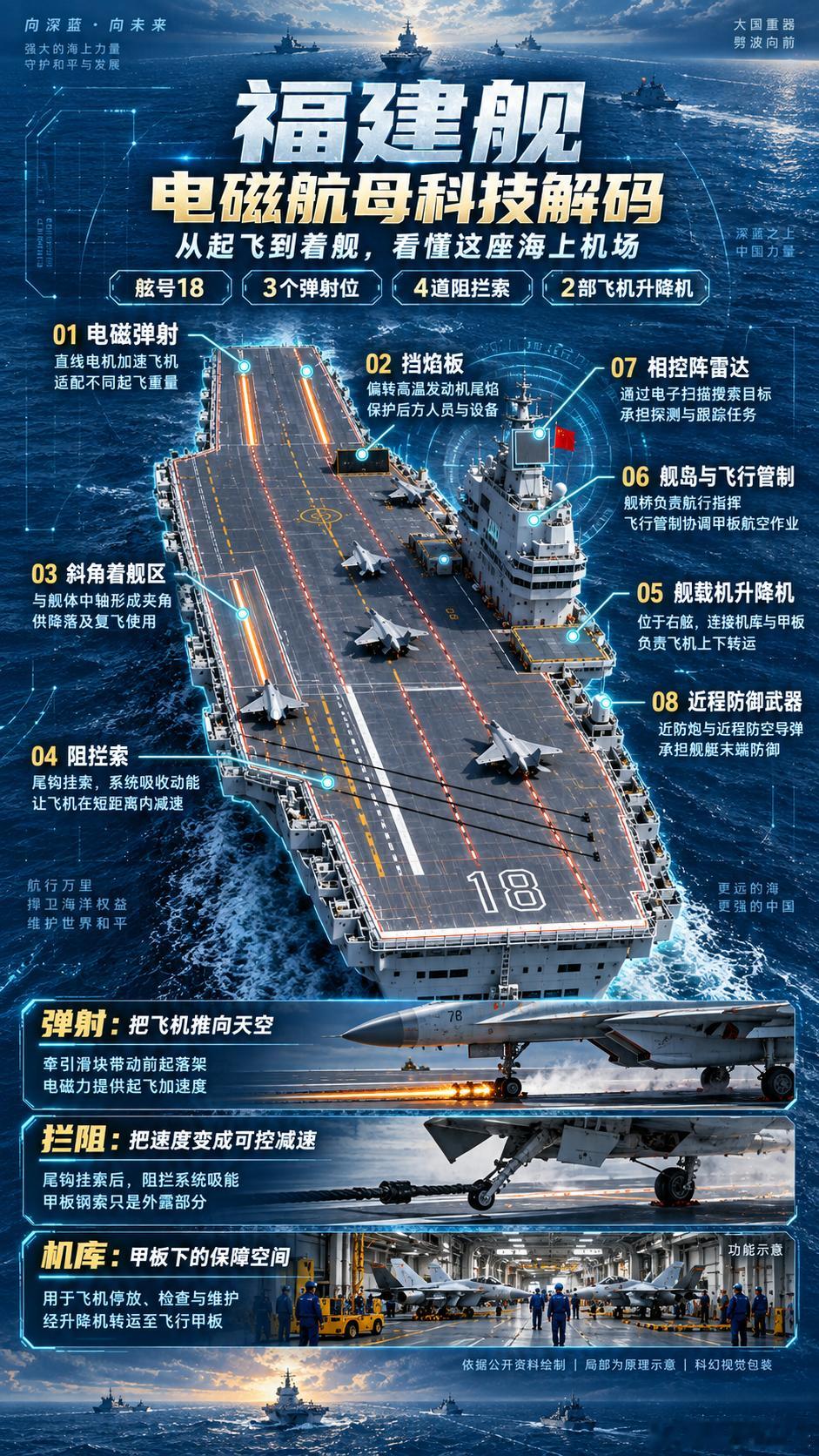 福建舰到底强在哪？看完这张图就明白了！福建舰舷号18，是我国首艘电磁弹射型航空母舰，满载排水量8万余