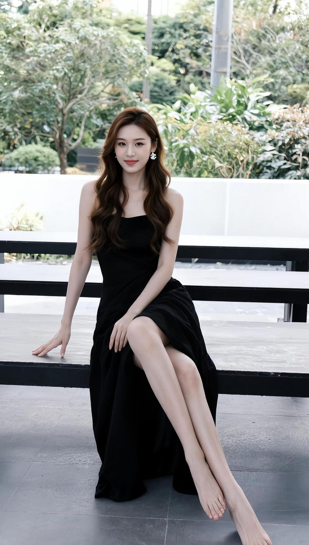 风穿过林间，轻抚过裙摆的弧度，像一首未完成的诗。她静坐台阶，光影在发梢跳跃，仿佛