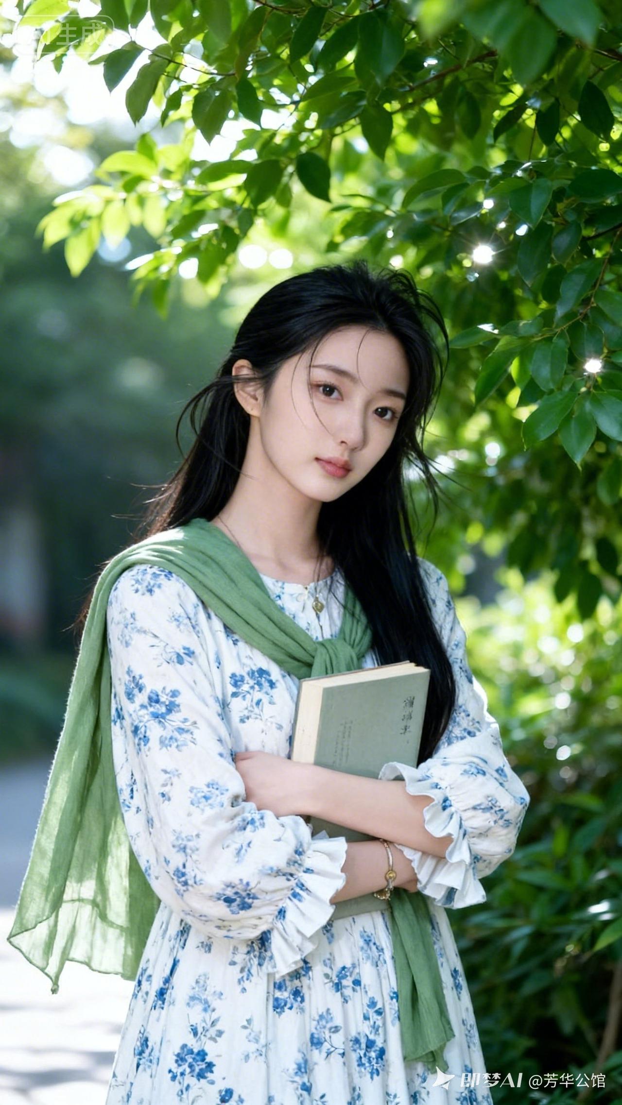 少女黑长直发丝蓬松拂面，冷白瓷肌清透。身着白底蓝碎花长裙配草绿丝巾，环抱书籍坐于