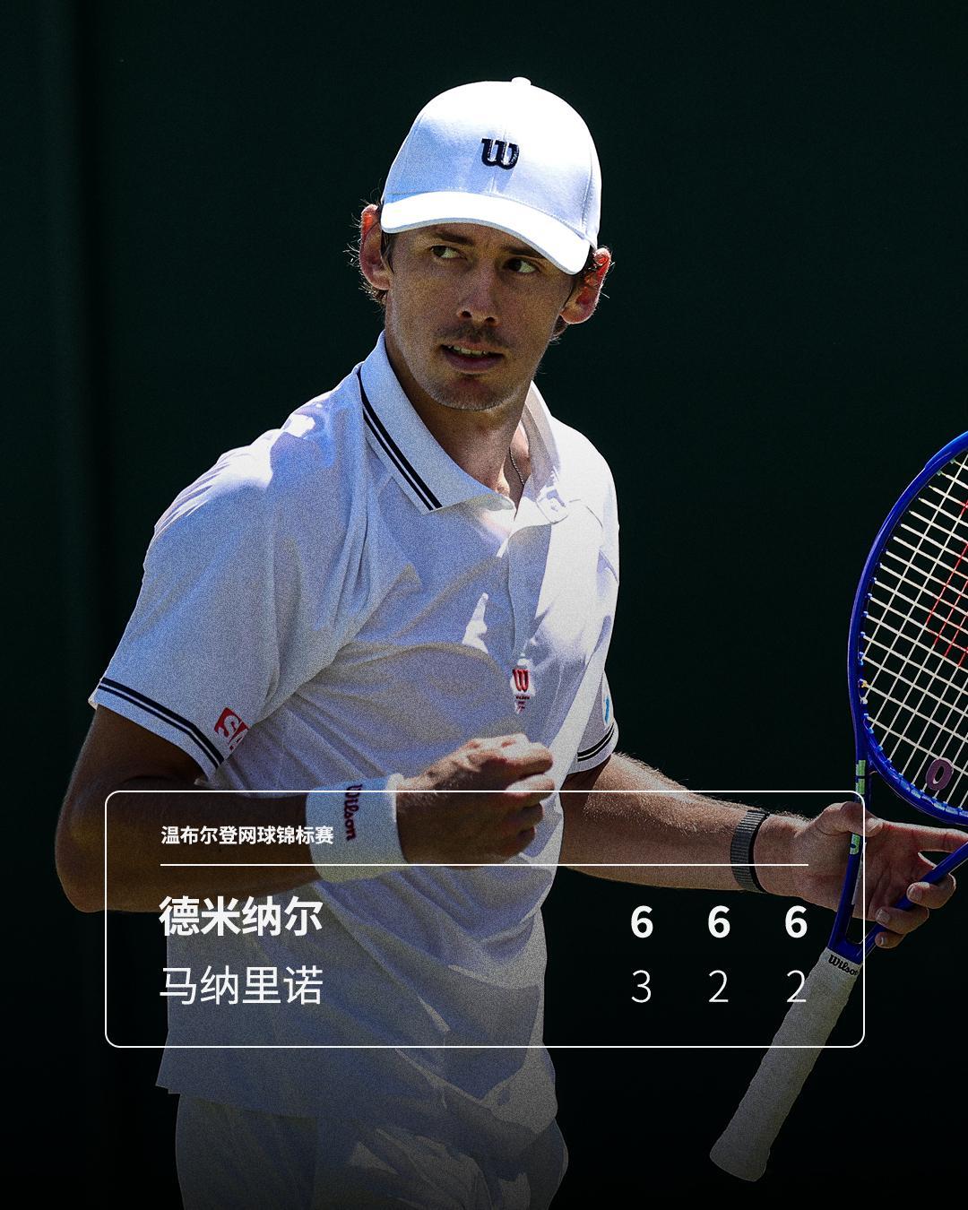 德米纳尔强势晋级💪温网2026男单第二轮，5号种子德米纳尔直落三盘，以6-3